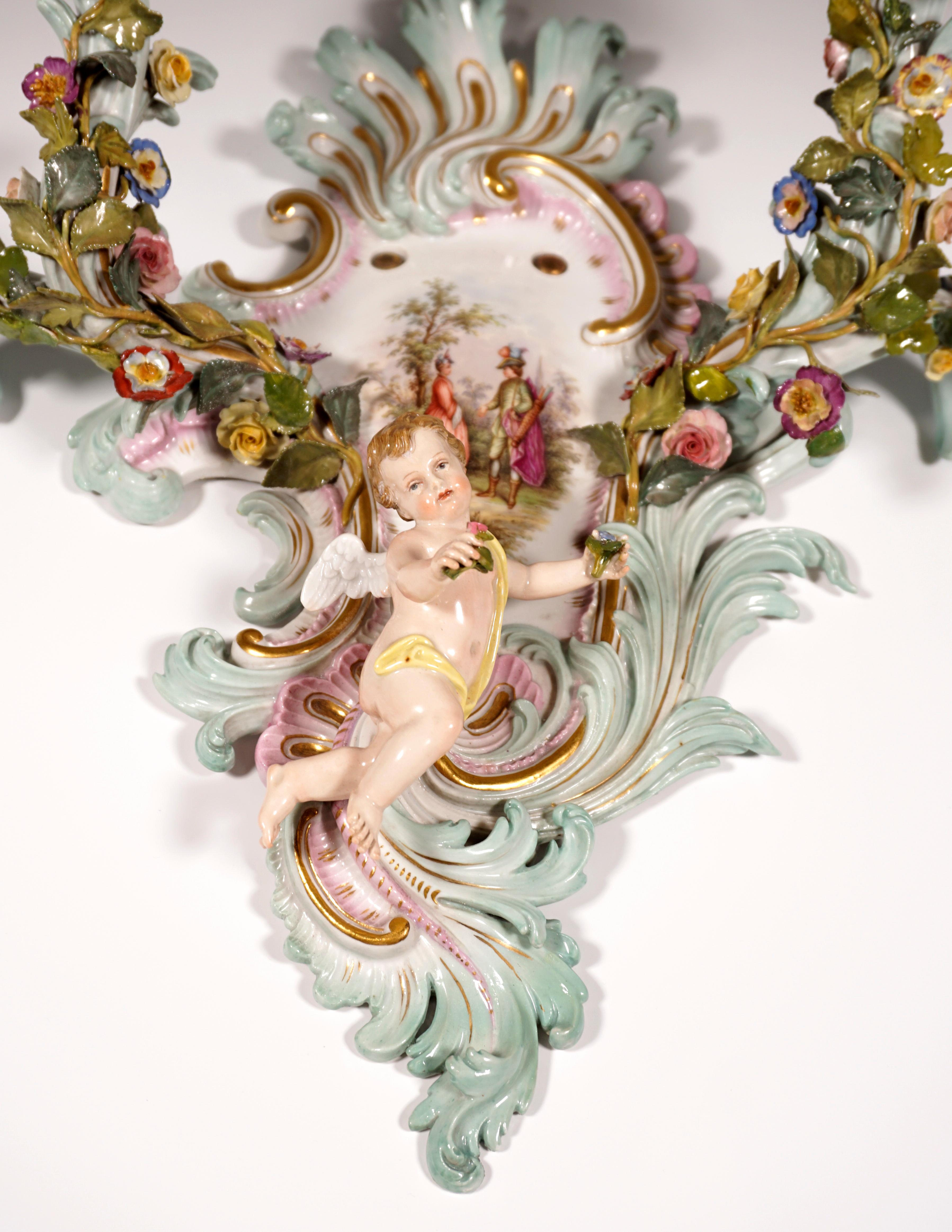 German Meissen Pair of Sconces with Cupids and Flower Decoration, by Kaendler, ca. 1860