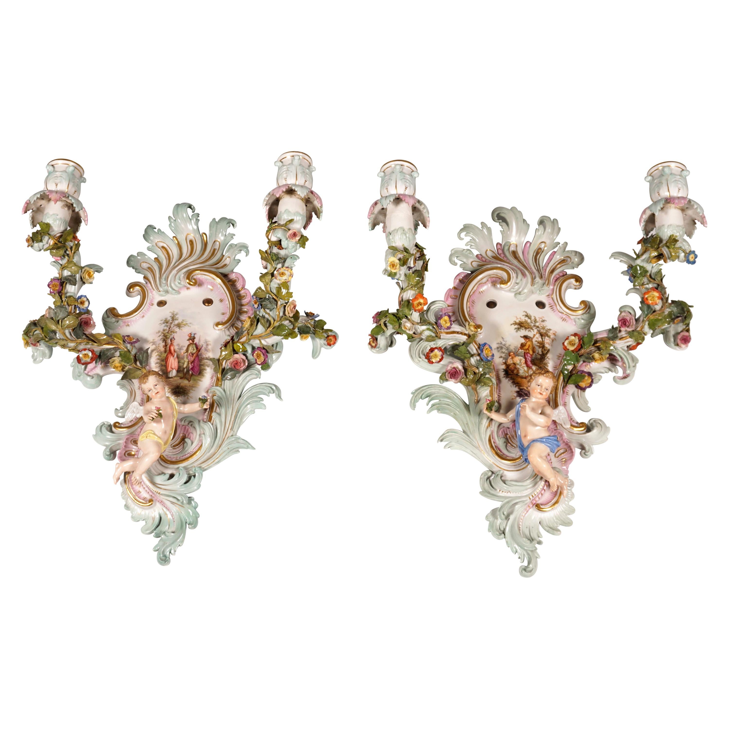 Meissen Pair of Sconces with Cupids and Flower Decoration, by Kaendler, ca. 1860