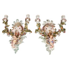 Meissen Pair of Sconces with Cupids and Flower Decoration, by Kaendler, ca. 1860