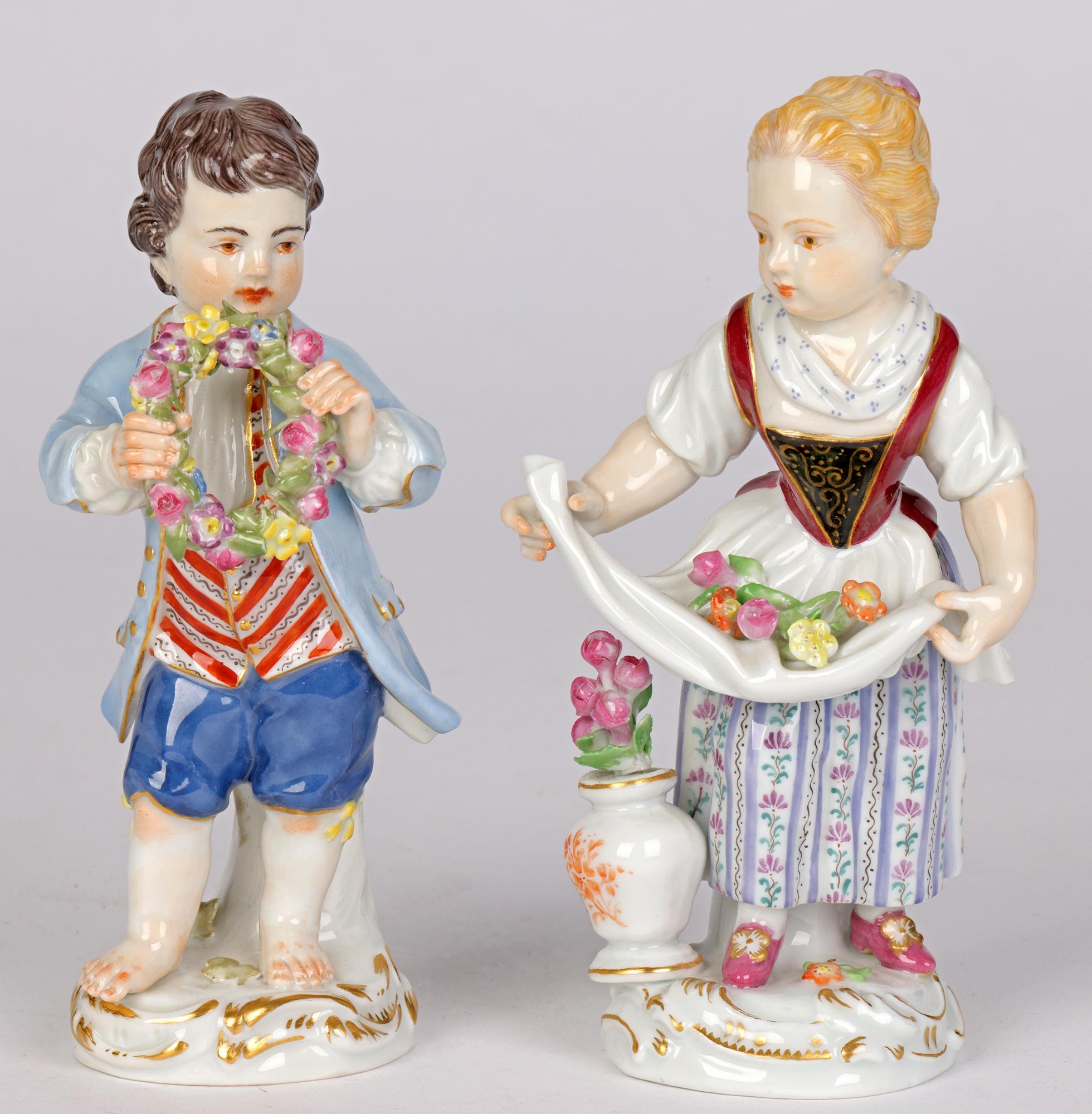 German Meissen Pair Porcelain Figures of Children with Flowers