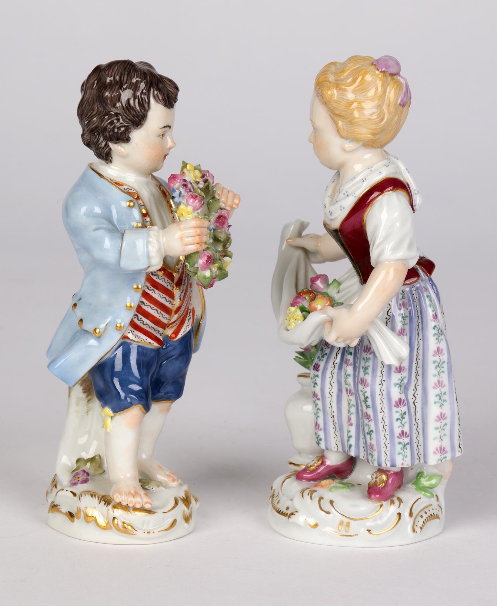 Meissen Pair Porcelain Figures of Children with Flowers 1