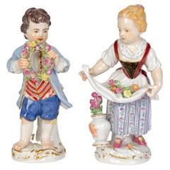 Meissen Pair Porcelain Figures of Children with Flowers