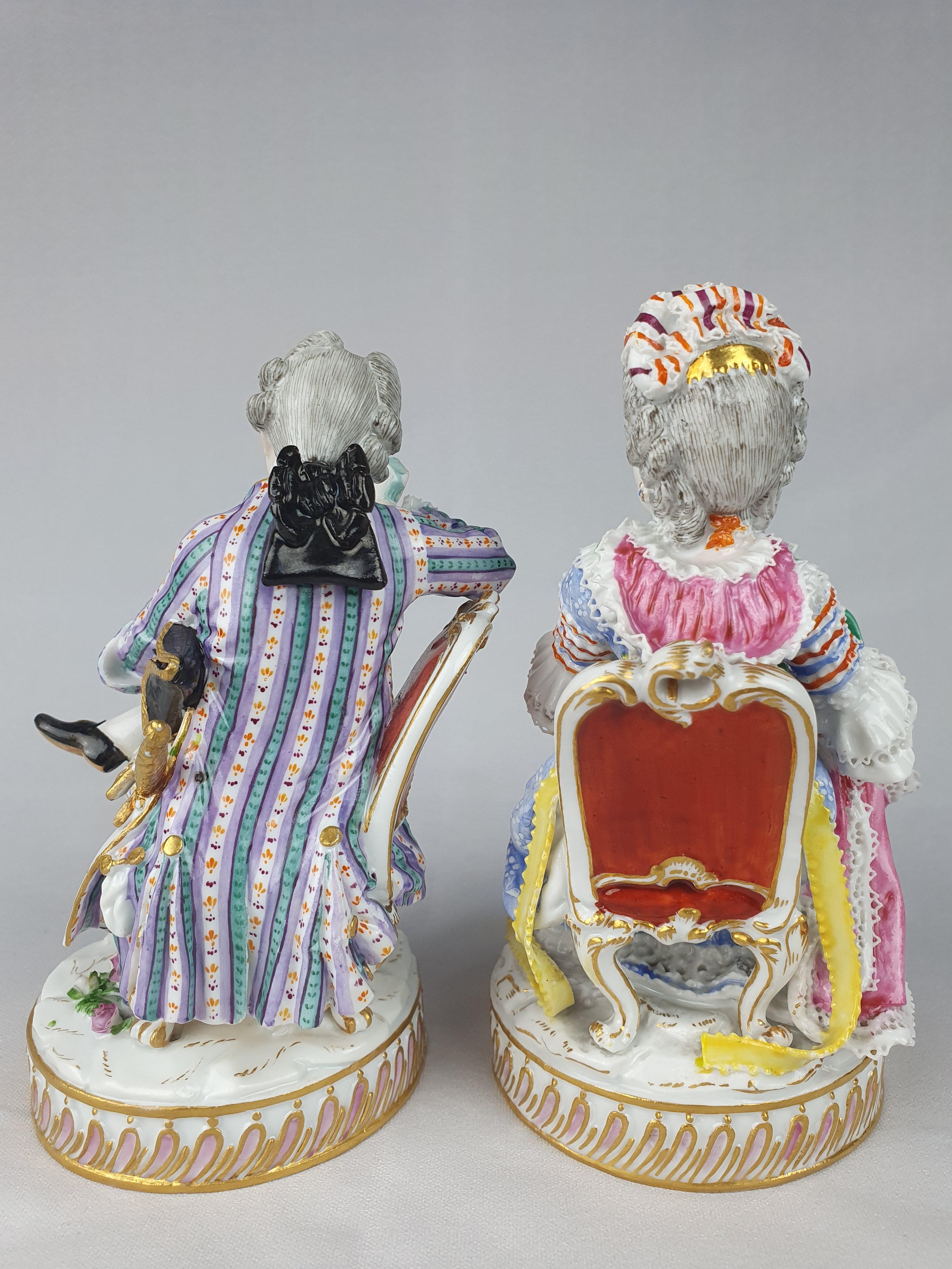 German Meissen Pair Seated Man Reading and Woman with Yarn Winder For Sale