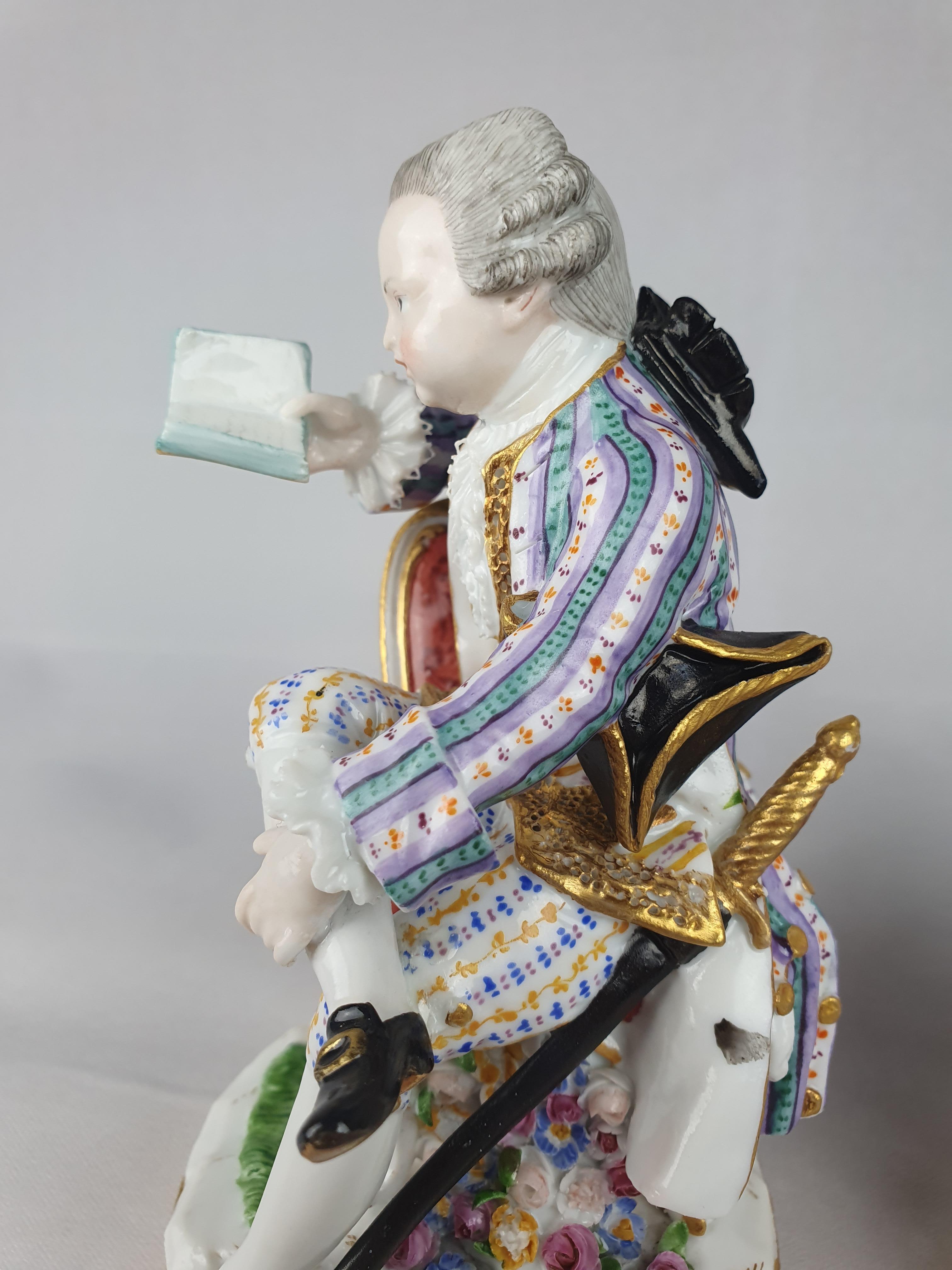 Hand-Painted Meissen Pair Seated Man Reading and Woman with Yarn Winder For Sale