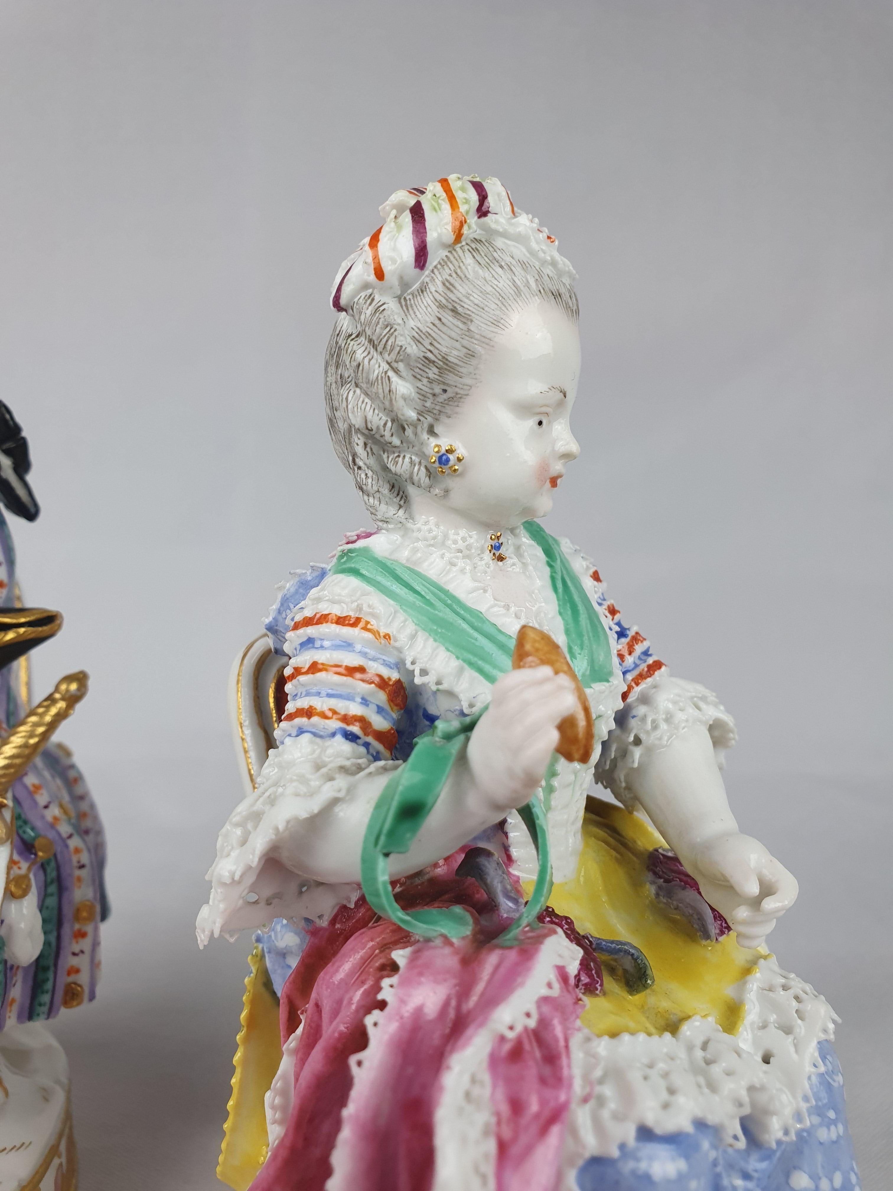 19th Century Meissen Pair Seated Man Reading and Woman with Yarn Winder For Sale