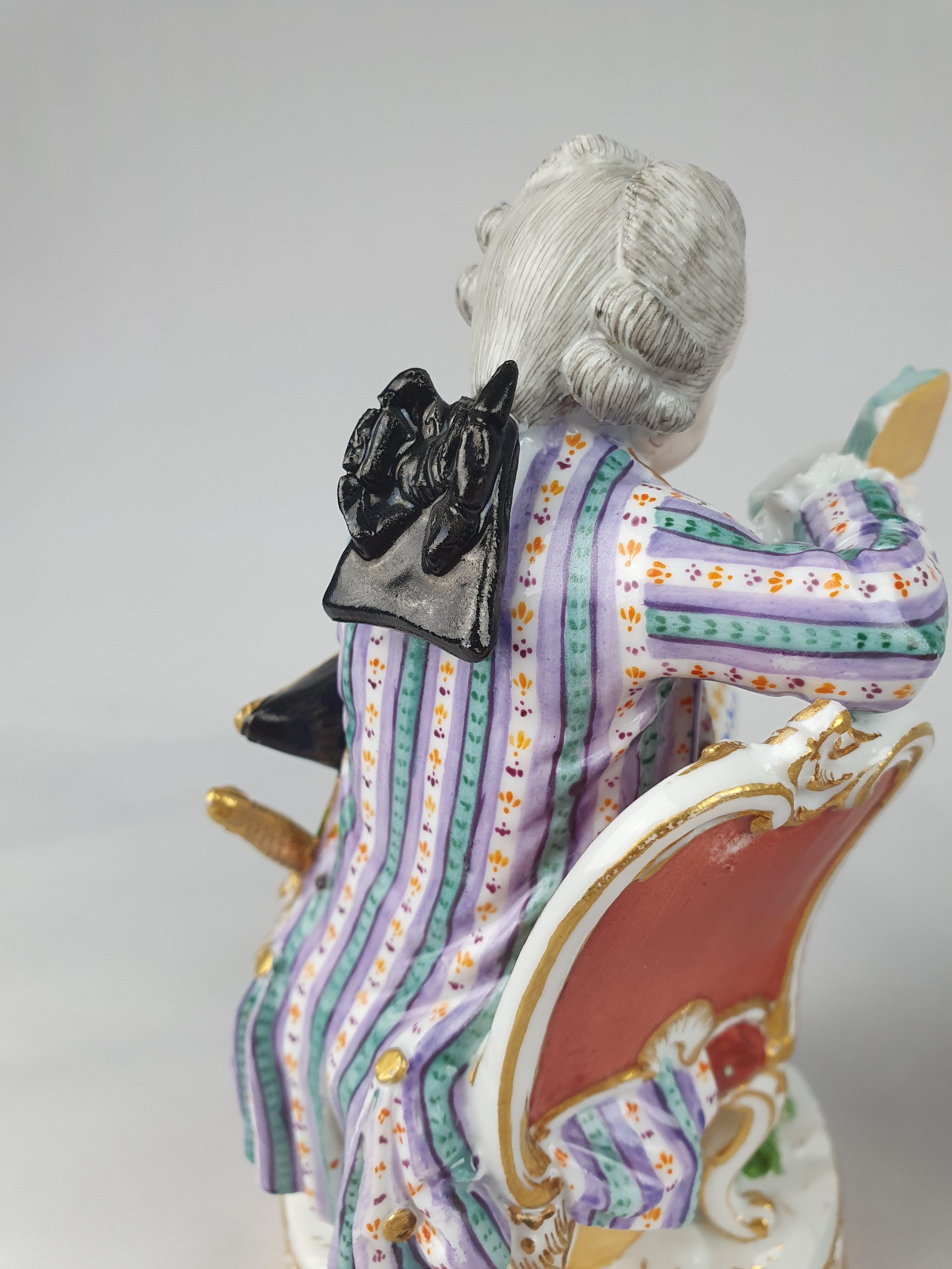 Porcelain Meissen Pair Seated Man Reading and Woman with Yarn Winder For Sale