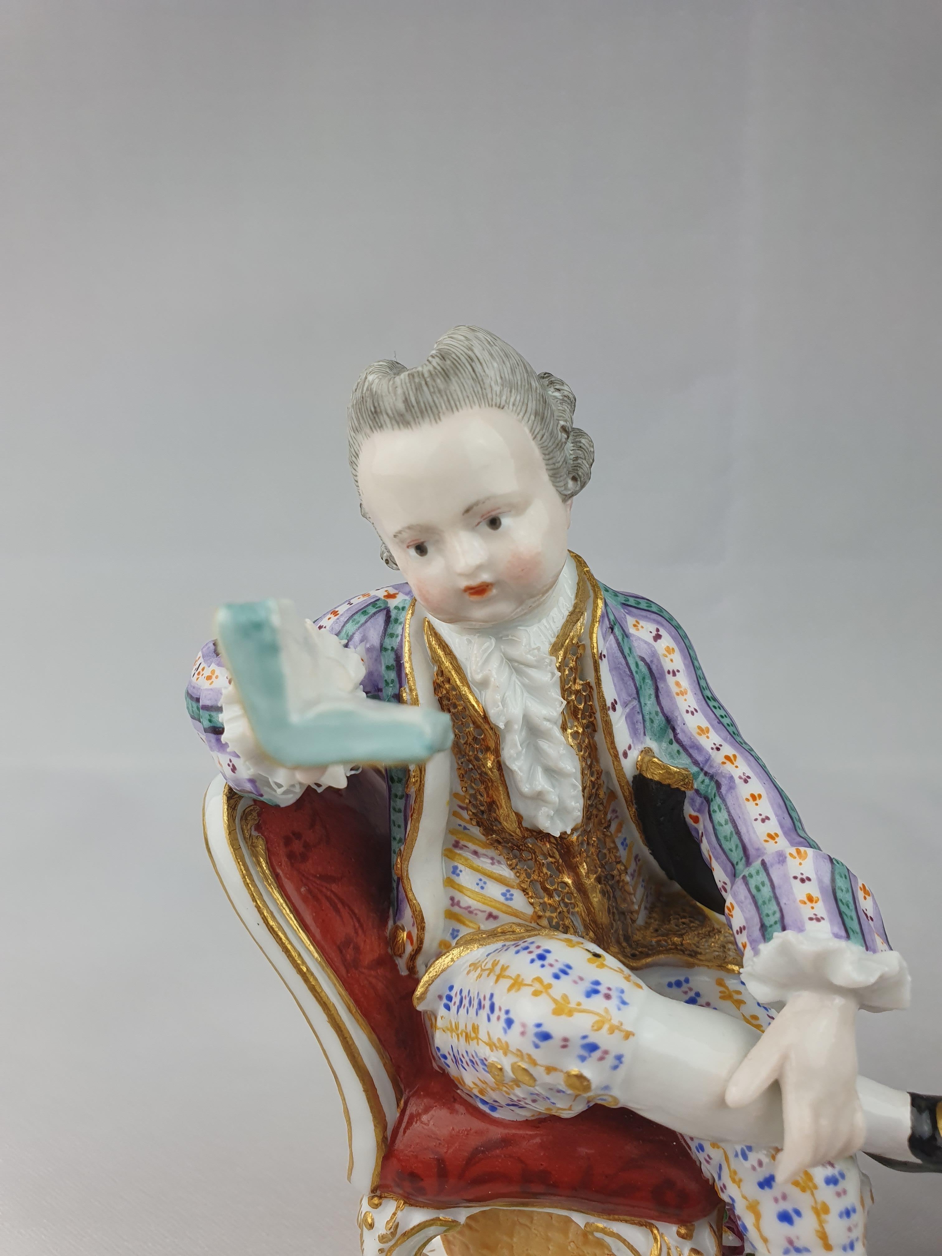 Meissen Pair Seated Man Reading and Woman with Yarn Winder For Sale 1