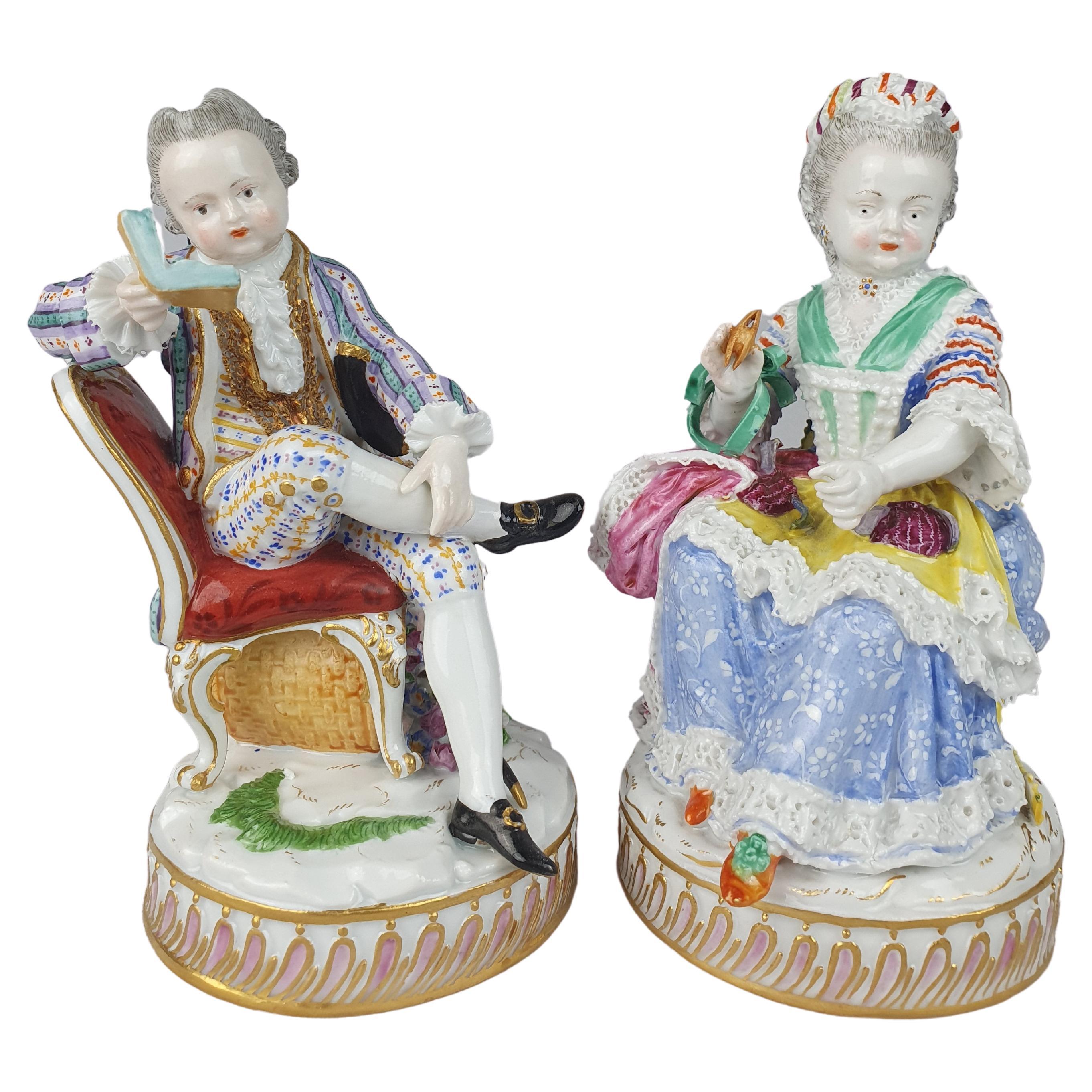 Meissen Pair Seated Man Reading and Woman with Yarn Winder For Sale