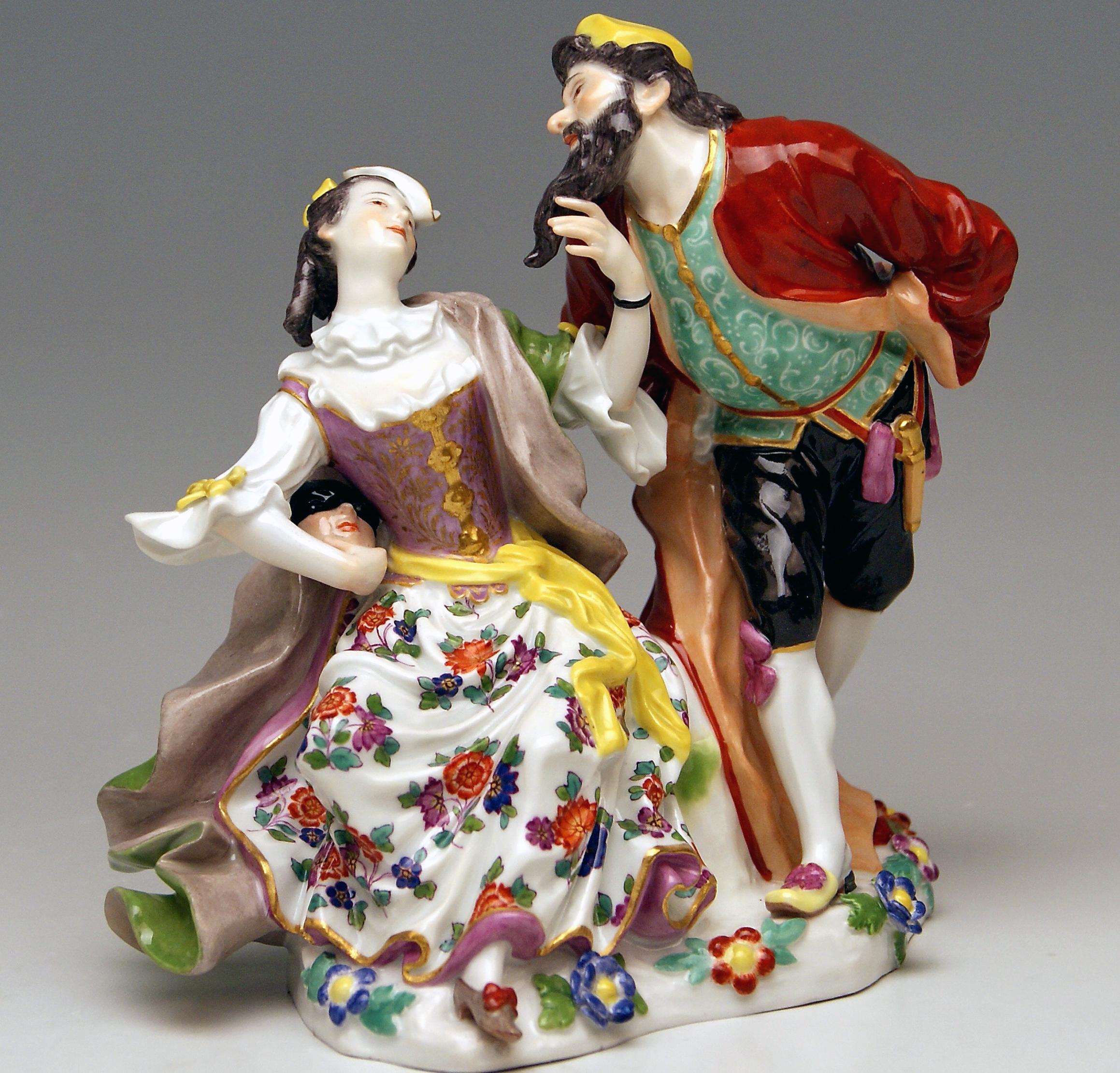 Meissen gorgeous group of figurines: Pantalone and Columbine deriving from Commedia dell'Arte.
The details are stunningly scupltured = finest modelling

Manufactory: Meissen 
Dating: made 1910 (MEISSEN JUBILEE MARK 1710-1910)
Hallmarked: