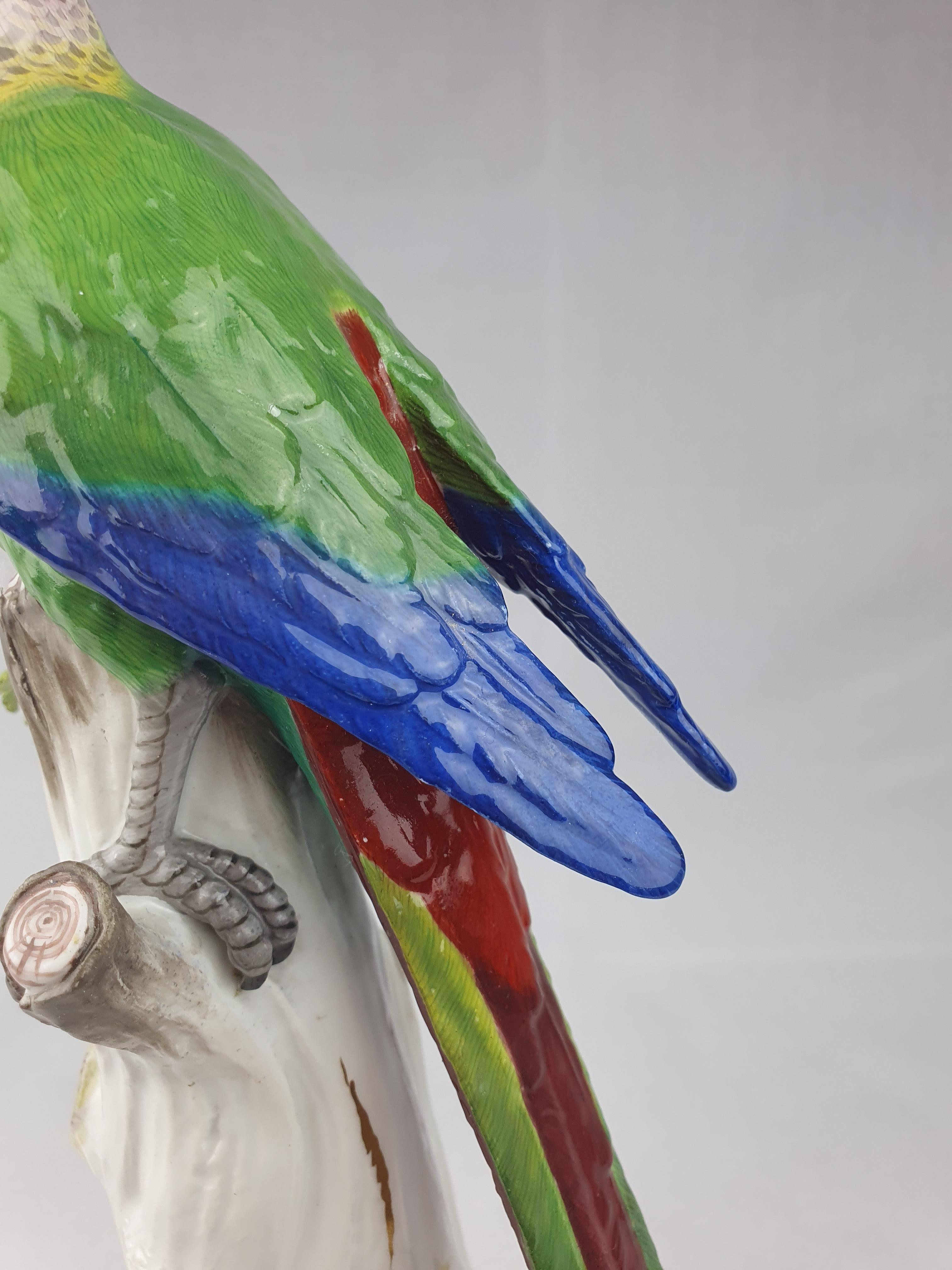 Hand-Painted Meissen Parrot Green and Blue Plumage For Sale