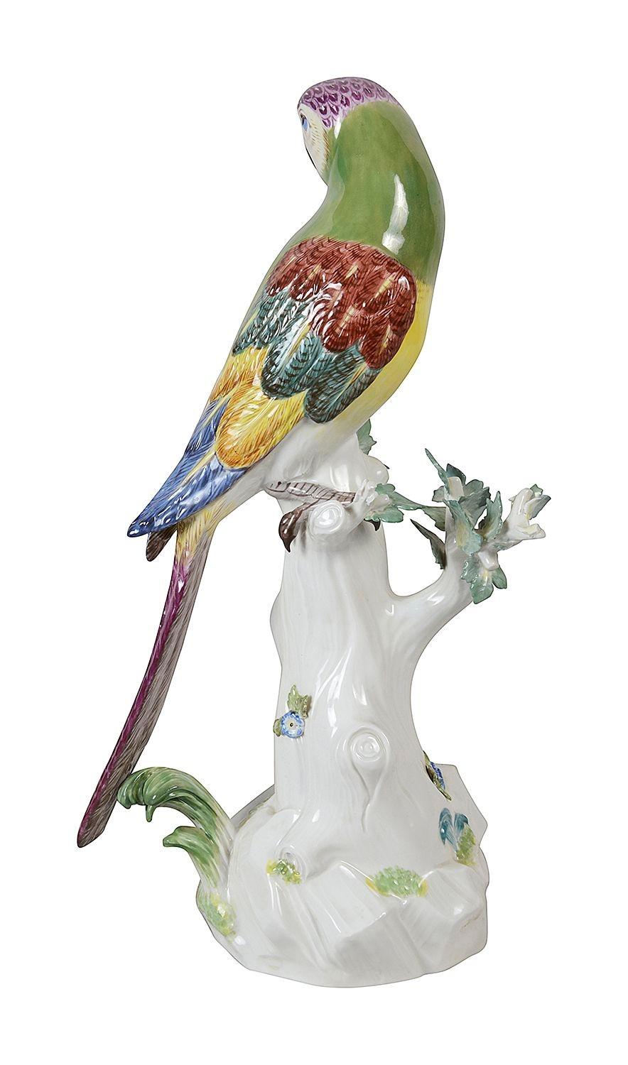 German Meissen Parrot perched on a tree trunk, 19th Century For Sale