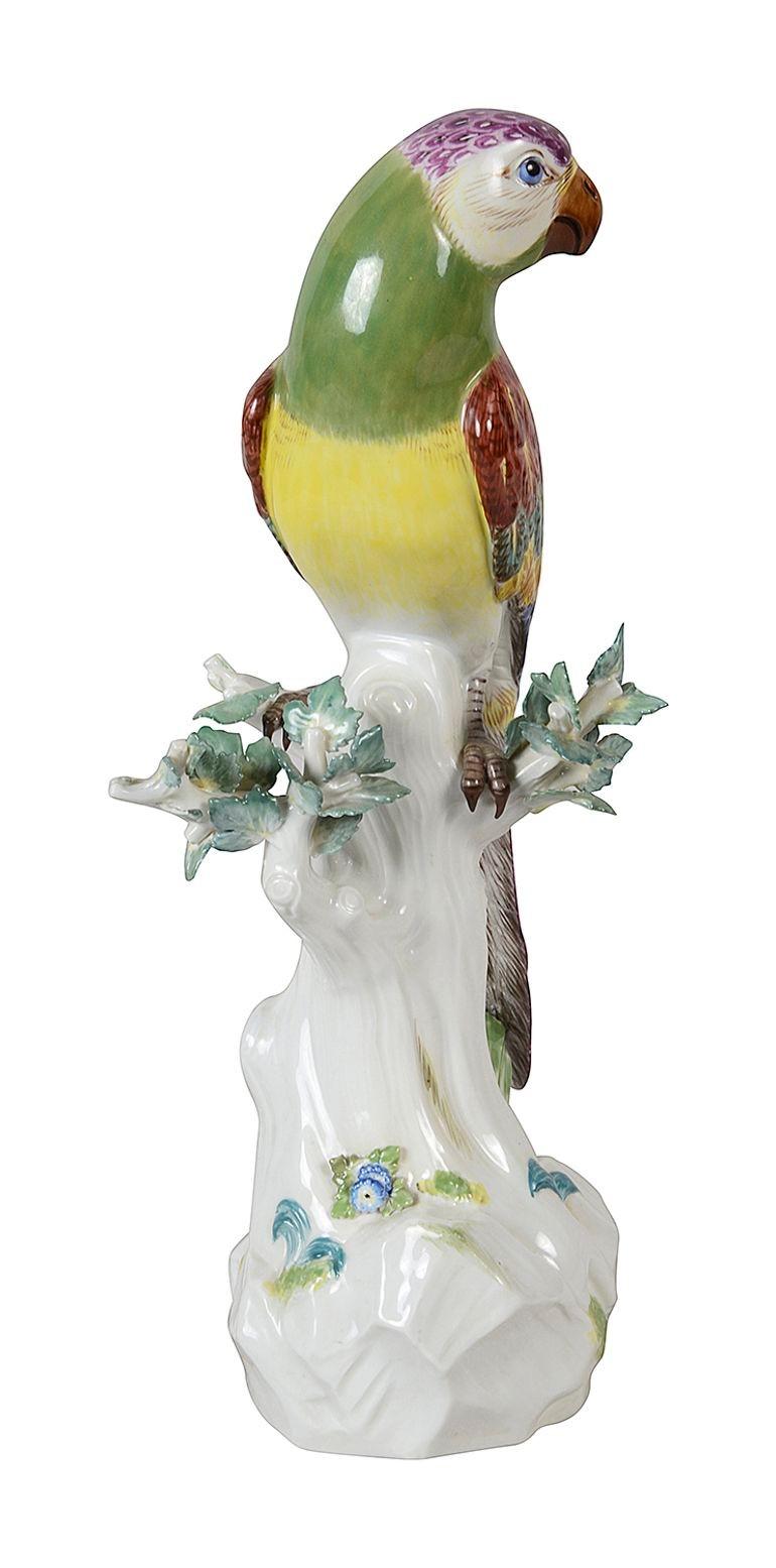 Hand-Painted Meissen Parrot perched on a tree trunk, 19th Century For Sale