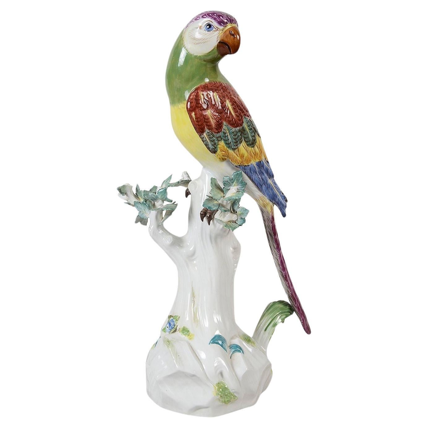 Meissen Parrot perched on a tree trunk, 19th Century For Sale