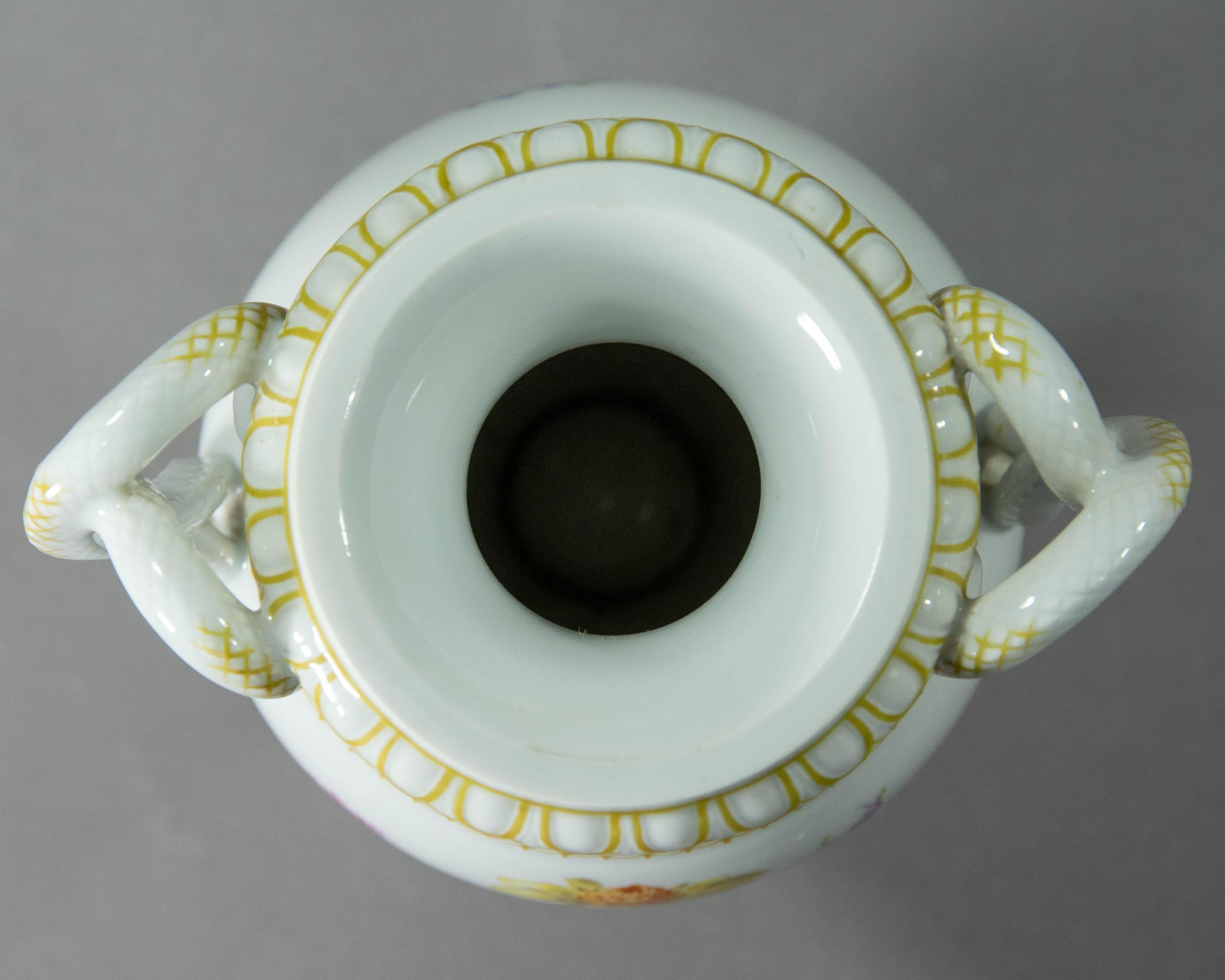 Hand-Painted Meissen, Pfeiffer Period Snake Handled Vase Model E153 For Sale