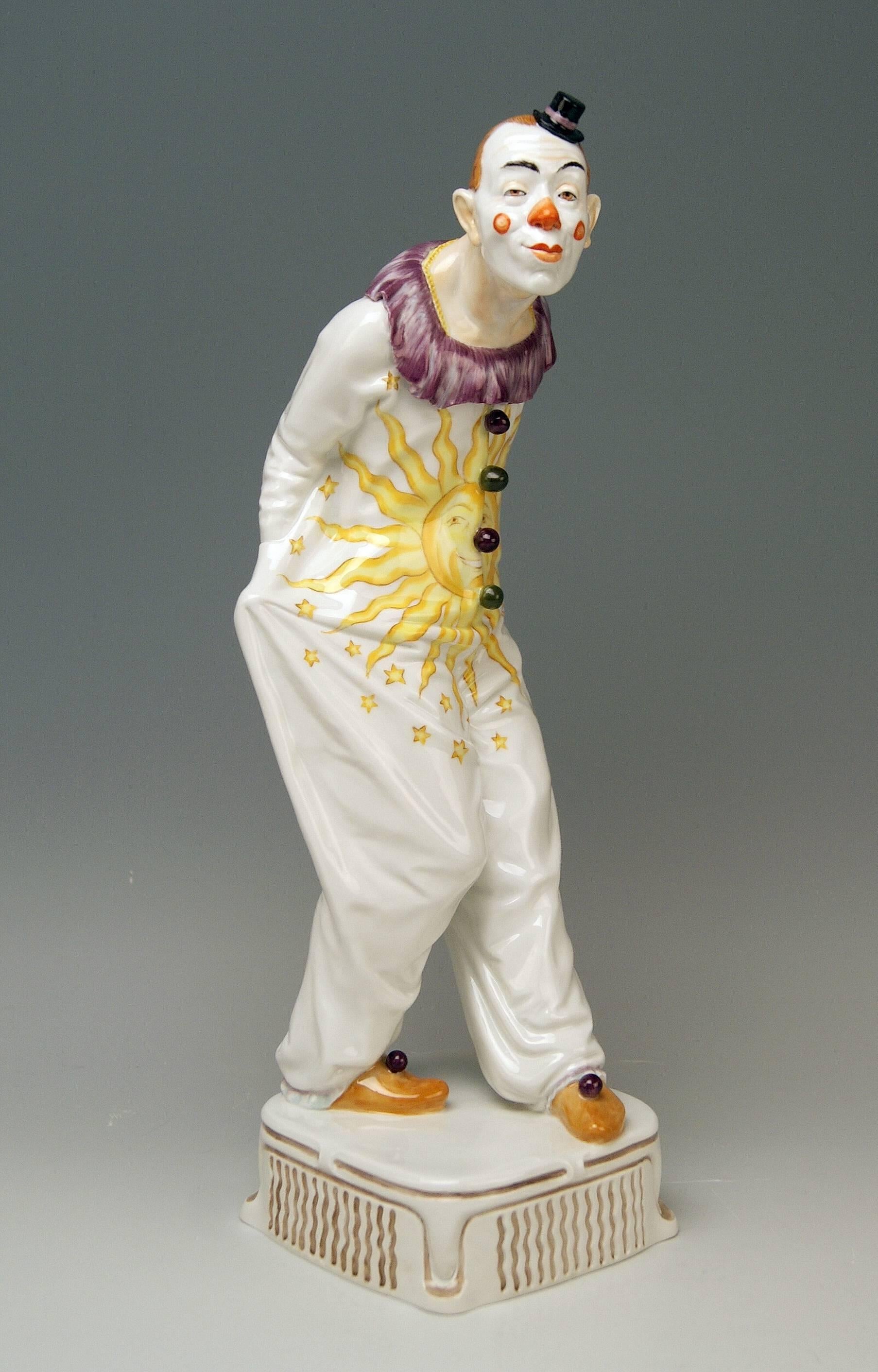 Meissen most remarkable as well as rare figurine:
Walking Pierrot attached to square base

Measures / Dimensions:
height 13.77 inches / 35.0 cm 
measures of base: 3.93 x 4.33 inches / 10.0 x 11.0 cm.

Manufactory: Meissen
Hallmarked: Blue