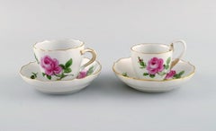 Meissen Pink Rose. Three coffee cups with saucers in hand-painted porcelain.