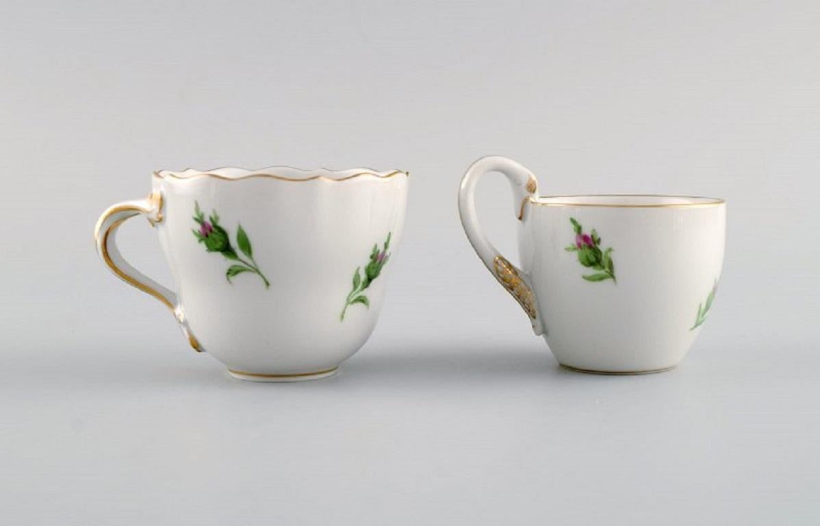 Hand-Painted Meissen Pink Rose. Three coffee cups with saucers in hand-painted porcelain. For Sale