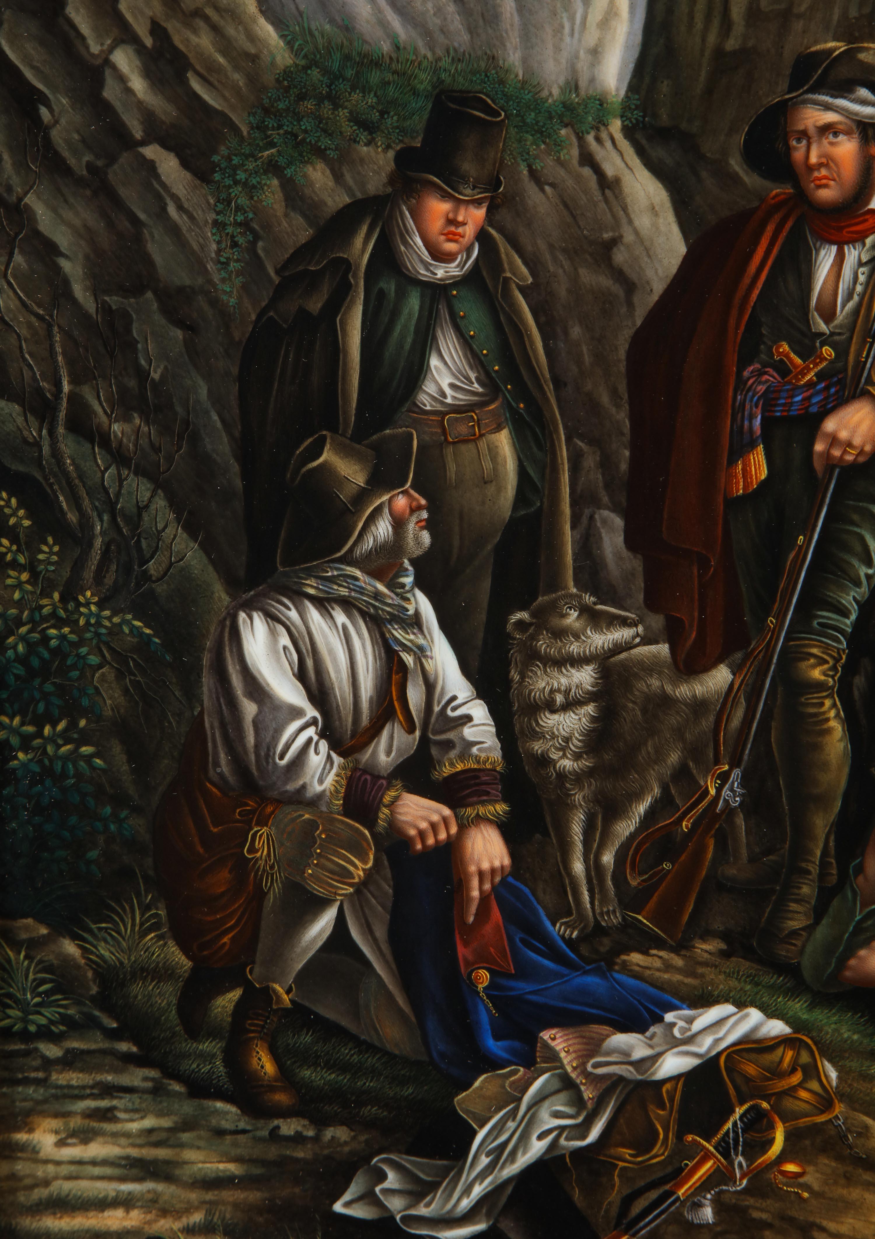Allemand Plaque de Meissen représentant quatre rois chasseant dans les bois avec un chien et des fusils en vente