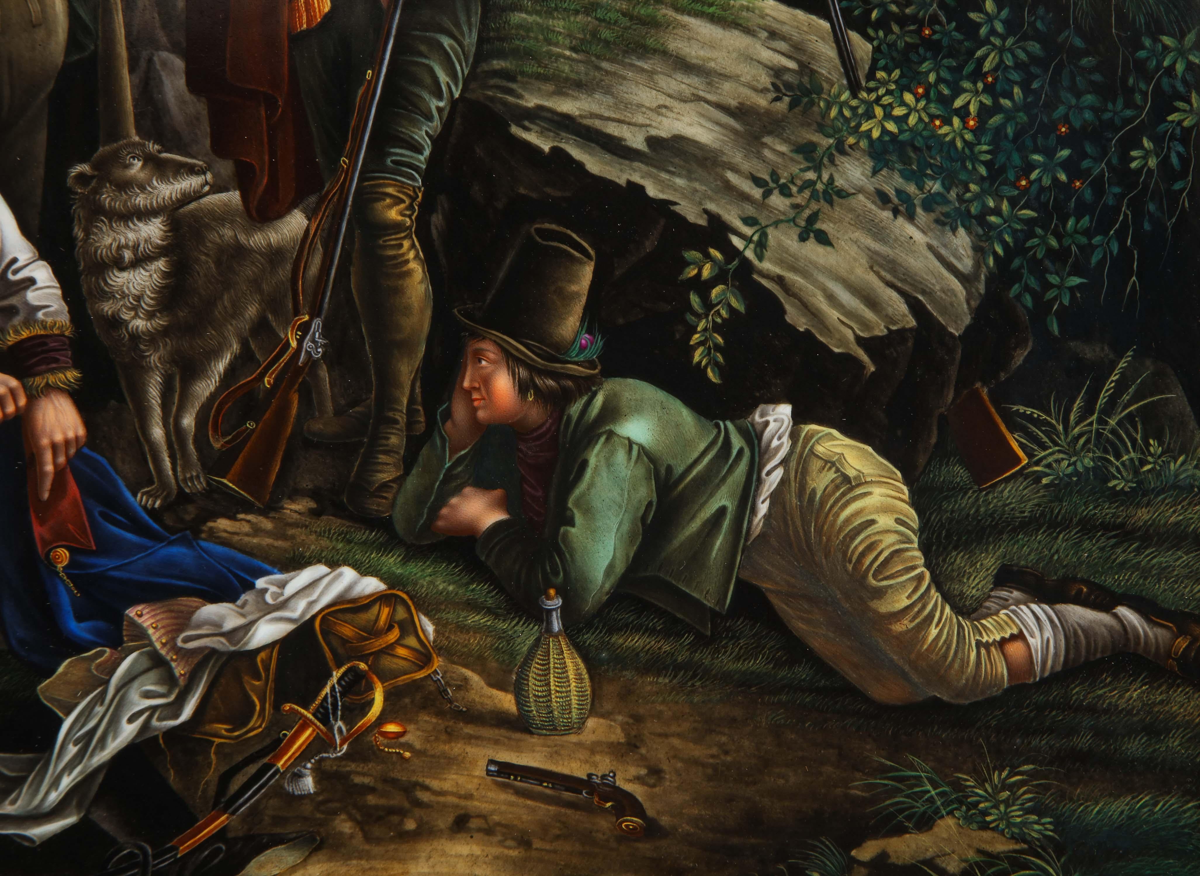 Meissener Plakette mit der Darstellung von vier Königen auf der Jagd im Wald mit Hund und Gewehr (Vergoldet) im Angebot
