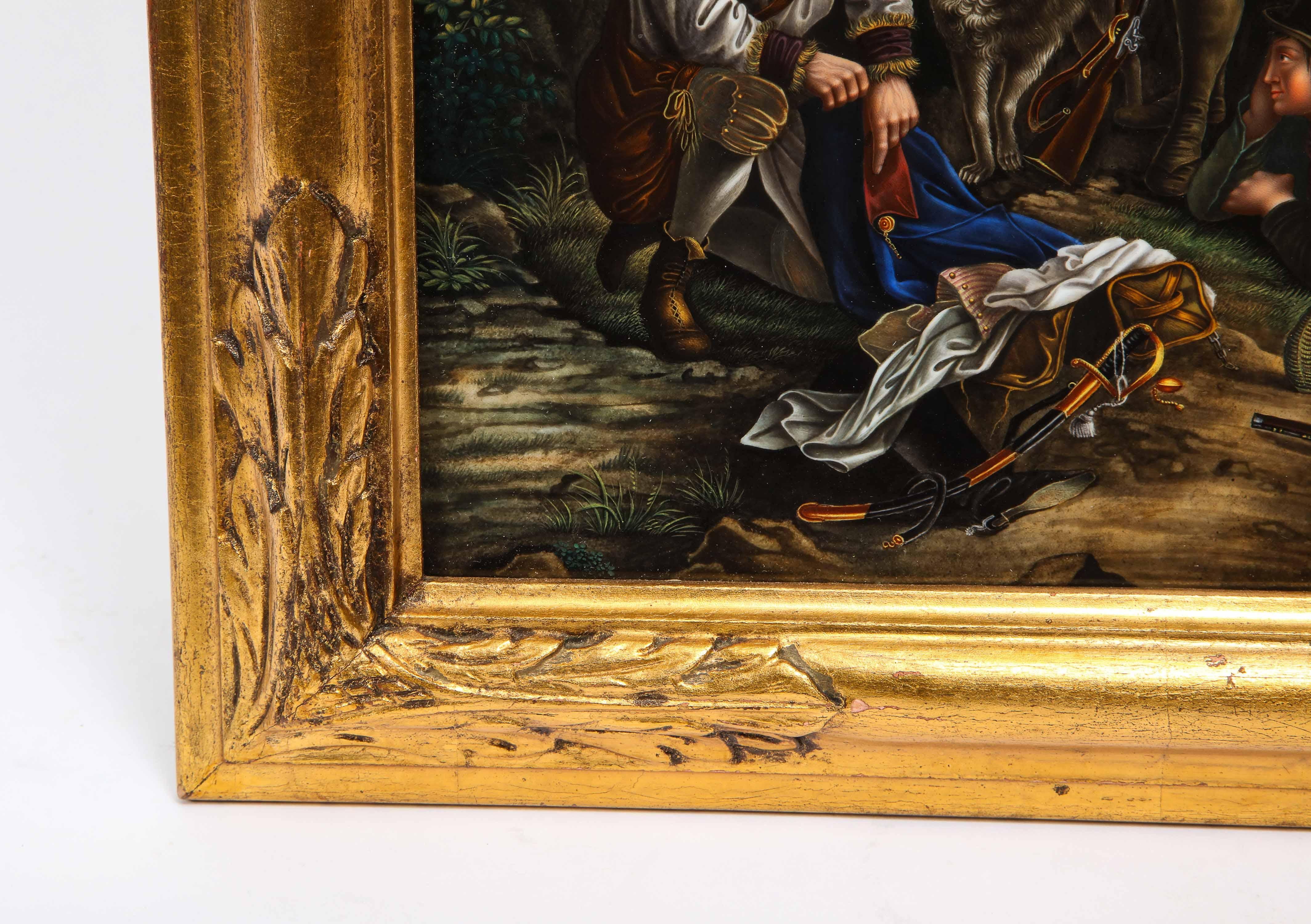 Porcelaine Plaque de Meissen représentant quatre rois chasseant dans les bois avec un chien et des fusils en vente
