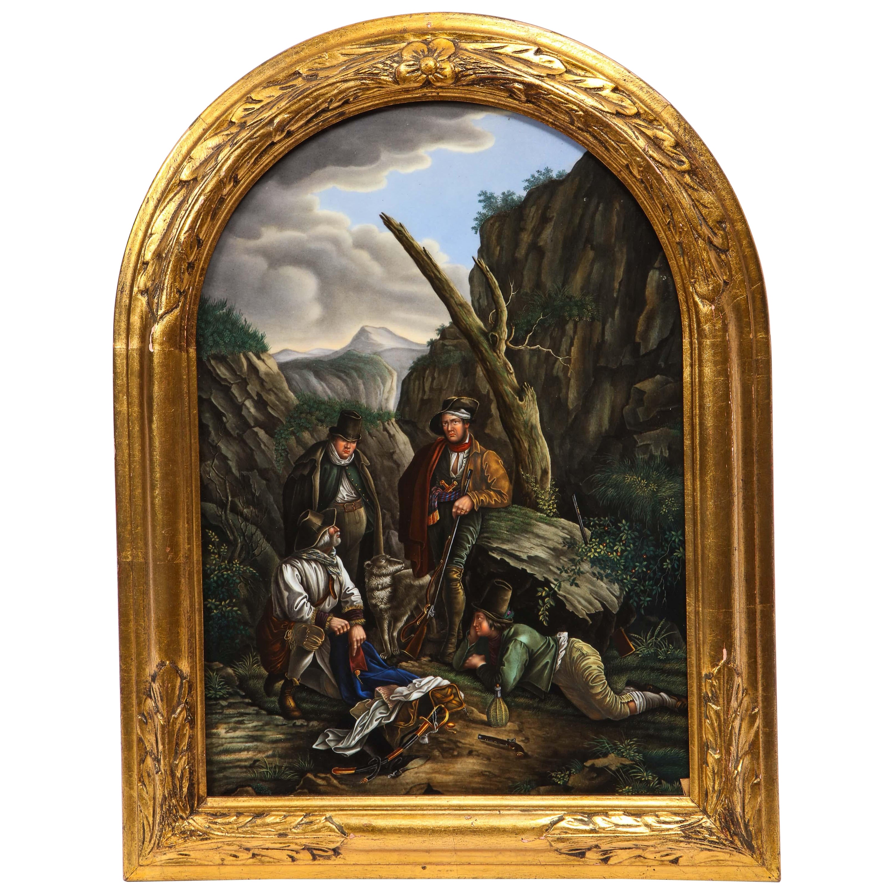 Plaque de Meissen représentant quatre rois chasseant dans les bois avec un chien et des fusils en vente