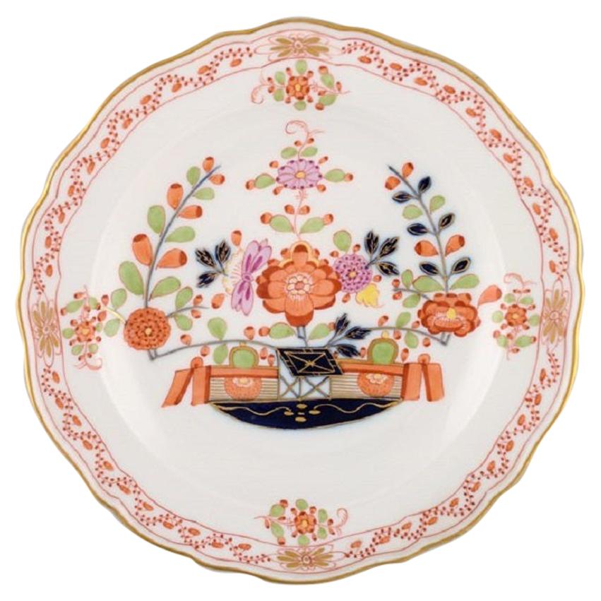 Meissen Plate in Hand Painted Porcelain with Floral Decoration and Gold Edge