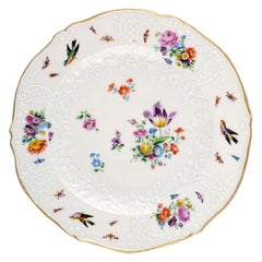 Antique Meissen Plate in Hand Painted Porcelain with Flowers and Birds, 19th Century