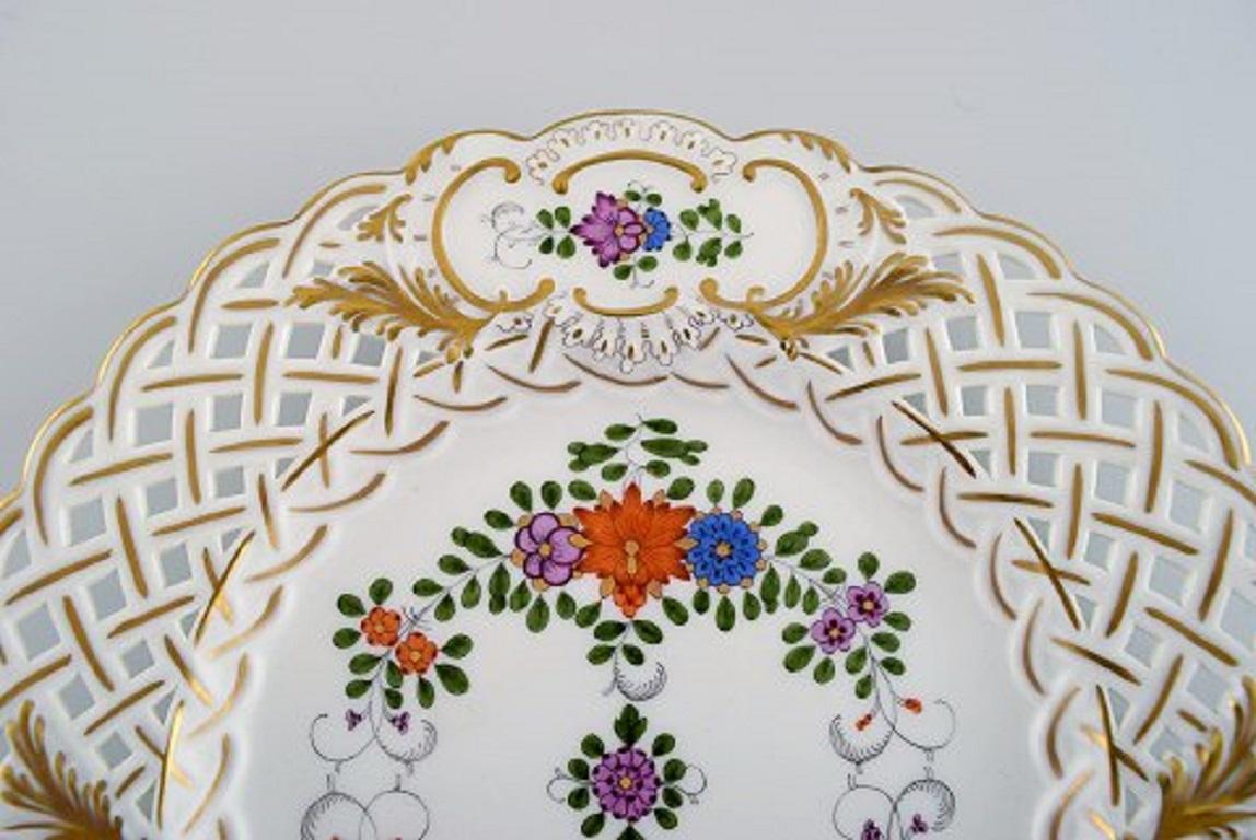 German Meissen Plate in Openwork Porcelain with Hand Painted Flowers, 1920s