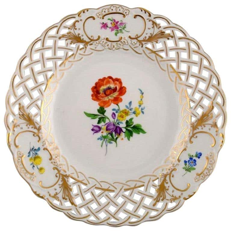 Meissen Plate in Openwork Porcelain with Hand Painted Flowers, 20th ...