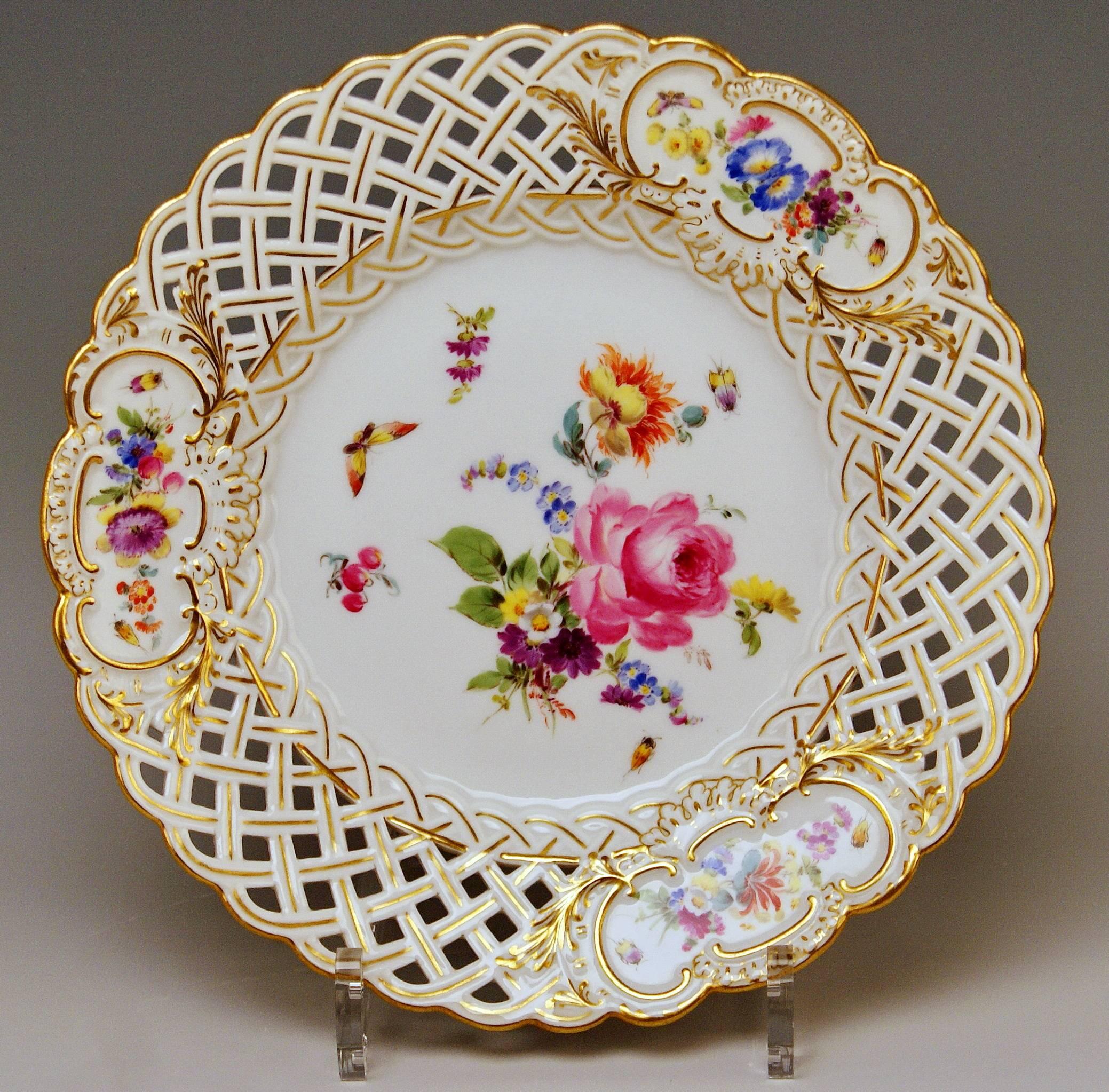 Other Meissen Plates Vintage Reticulated Edge Multicolored Flower Paintings circa 1870