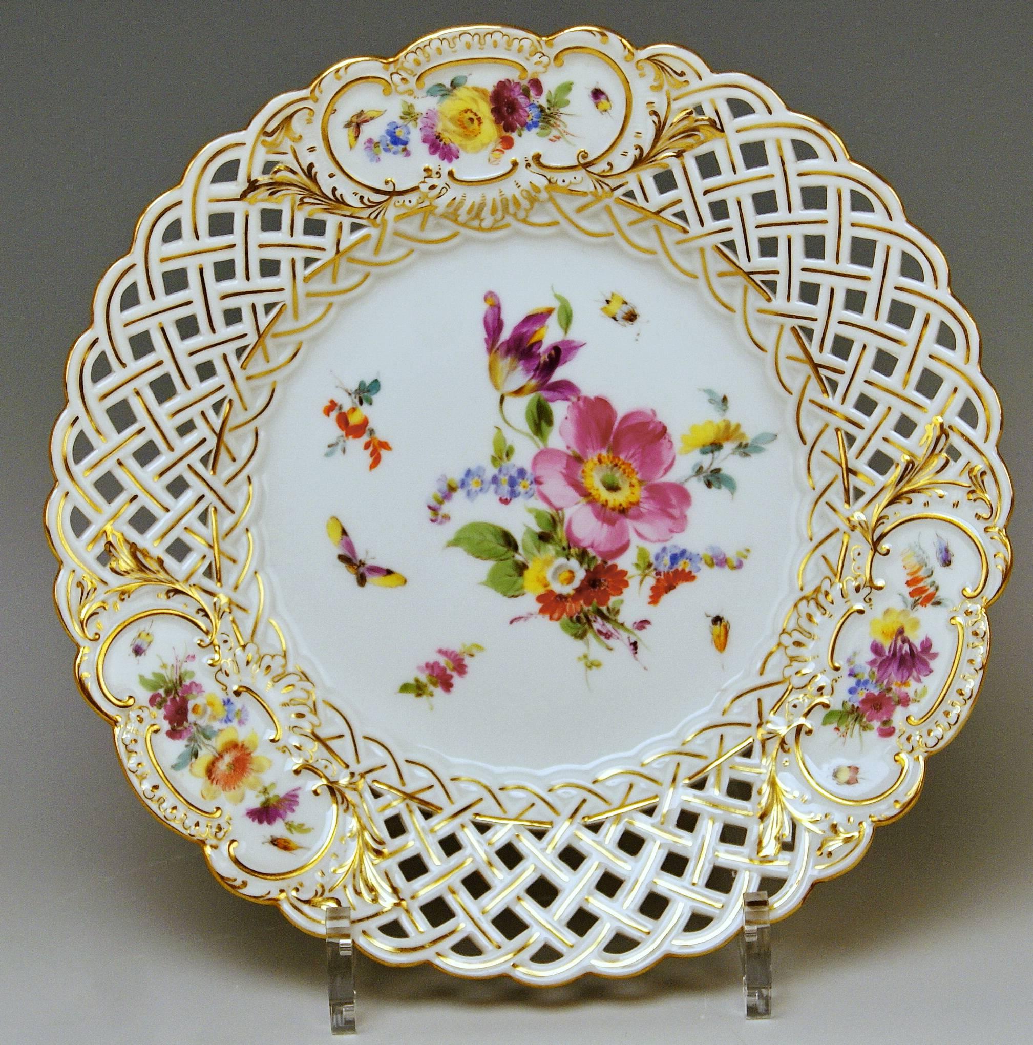 German Meissen Plates Vintage Reticulated Edge Multicolored Flower Paintings circa 1870