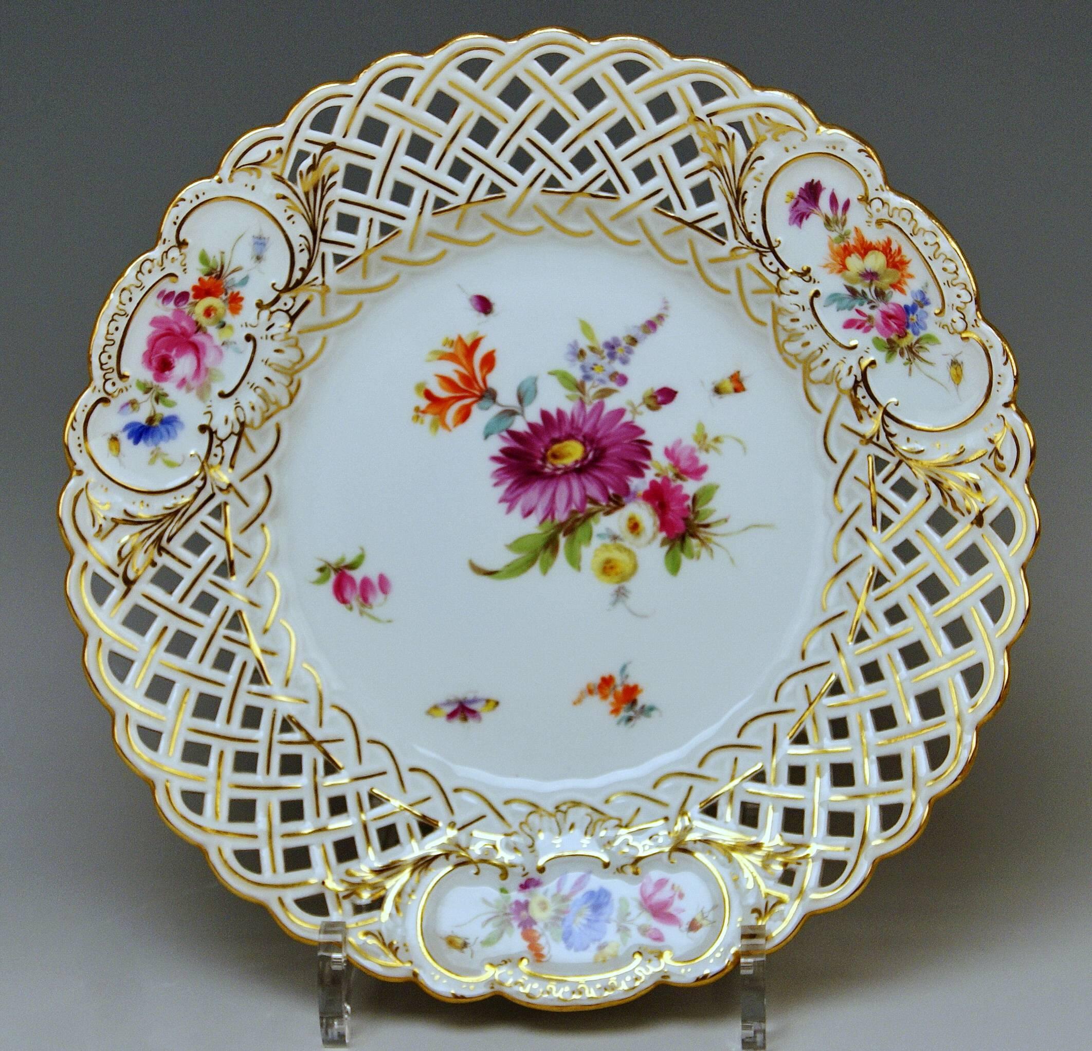 Painted Meissen Plates Vintage Reticulated Edge Multicolored Flower Paintings circa 1870