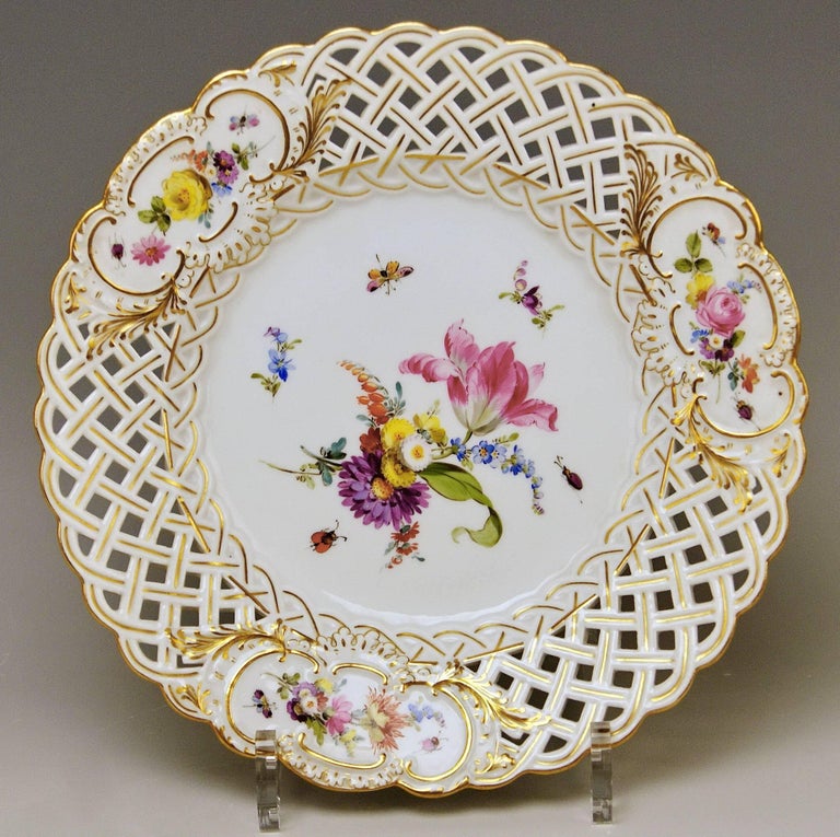 Meissen Plates Vintage Reticulated Edge Multicolored Flower Paintings ...