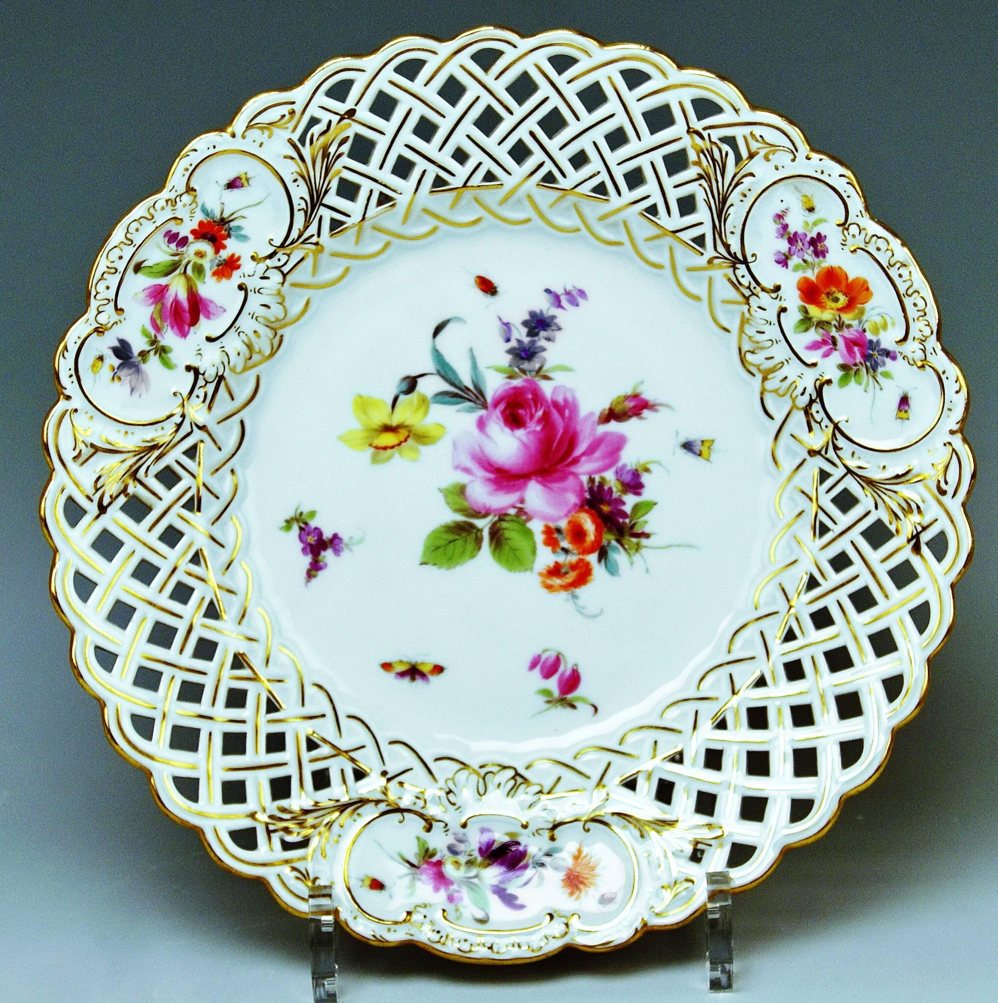 19th Century Meissen Plates Vintage Reticulated Edge Multicolored Flower Paintings circa 1870