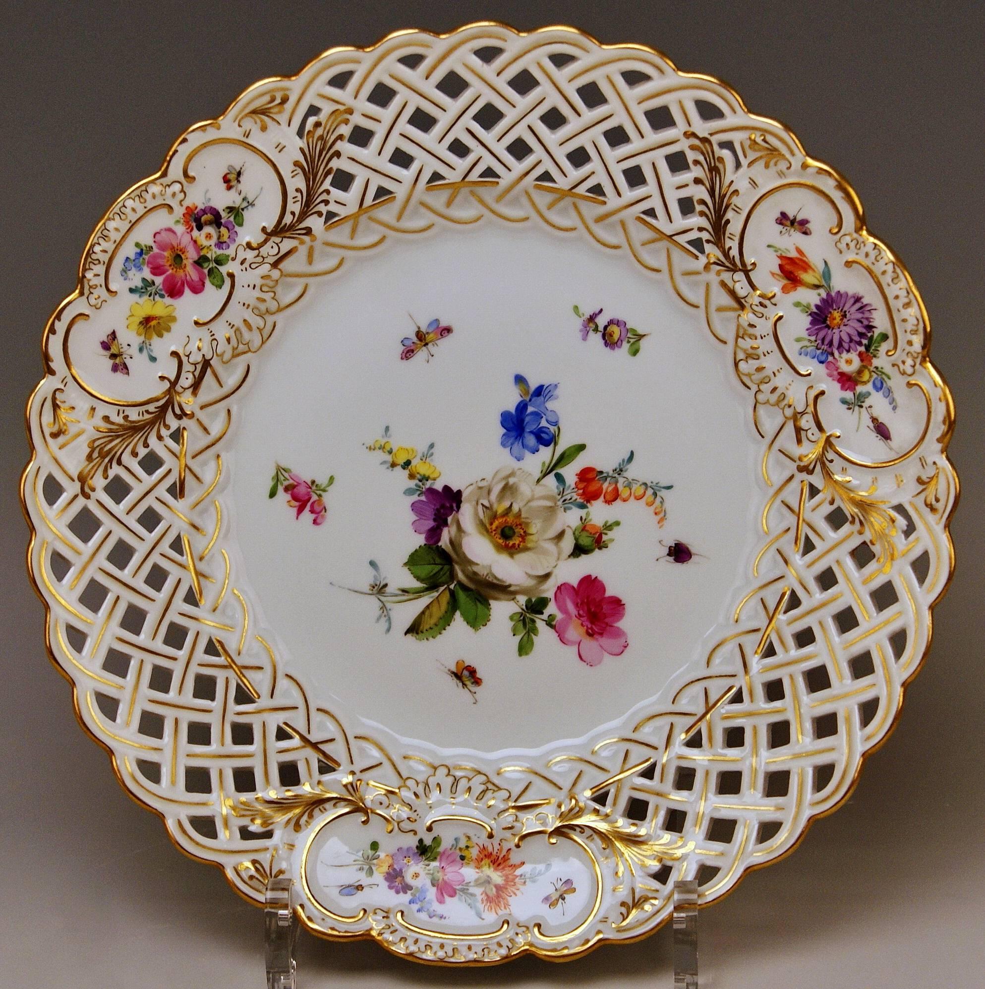 Porcelain Meissen Plates Vintage Reticulated Edge Multicolored Flower Paintings circa 1870