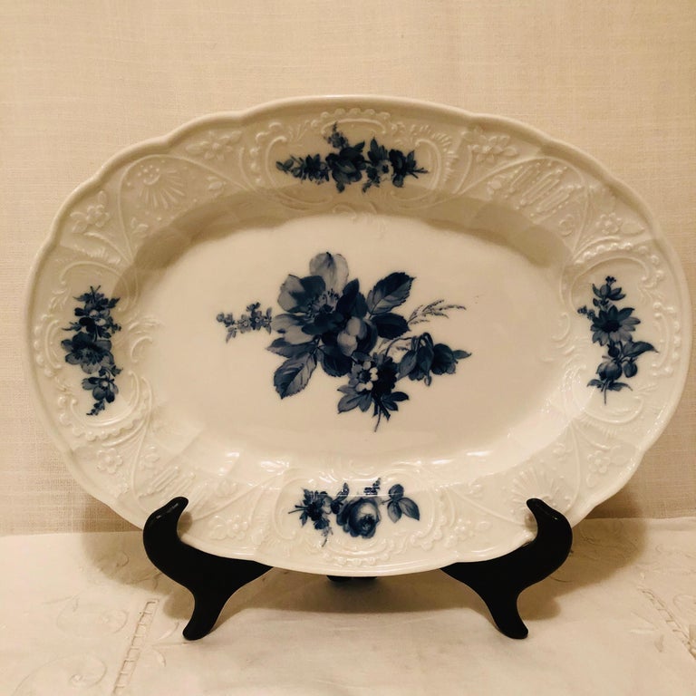 Hand-Painted Meissen Platter with a Finely Painted Blue Bouquet of Flowers in the Center For Sale