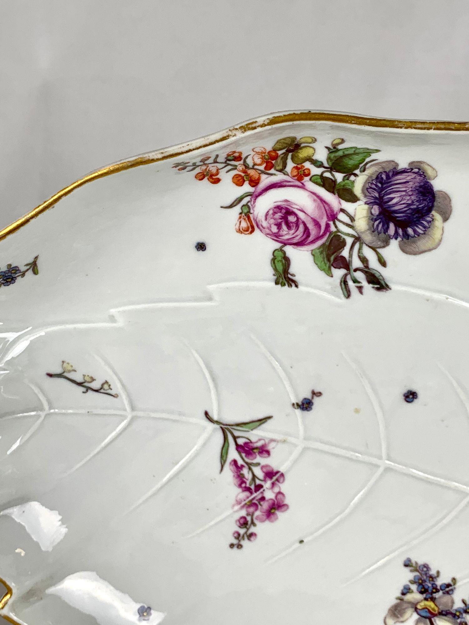 Rococo Meissen Porcelain 18th Century Leaf Dish Hand Painted, circa 1770 For Sale