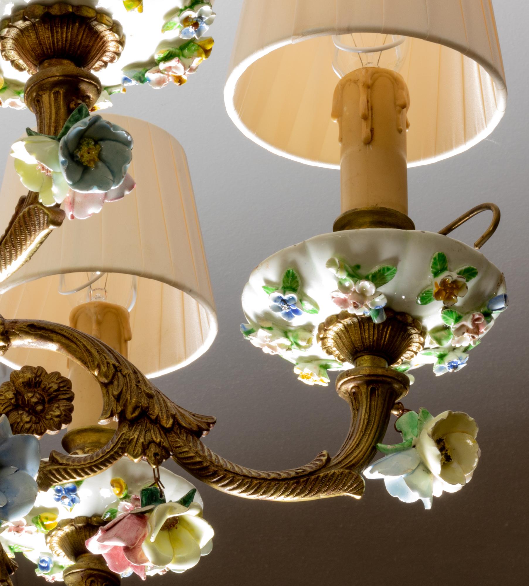 German Meissen Porcelain and Bronze Chandelier, Early 20th Century For Sale