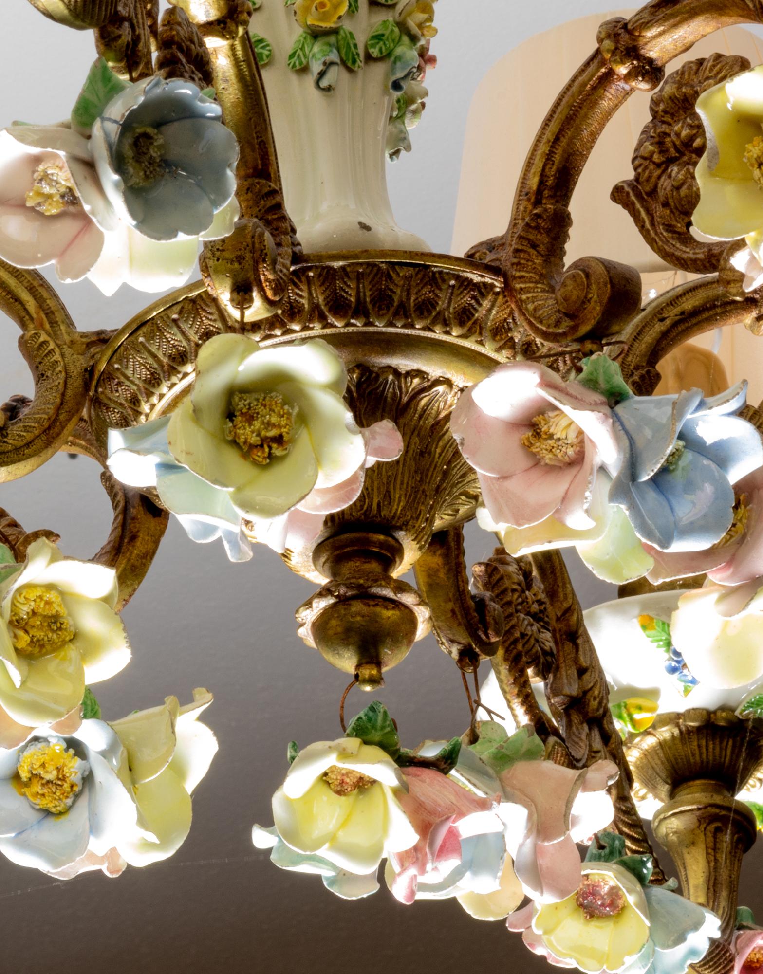 Metal Meissen Porcelain and Bronze Chandelier, Early 20th Century For Sale
