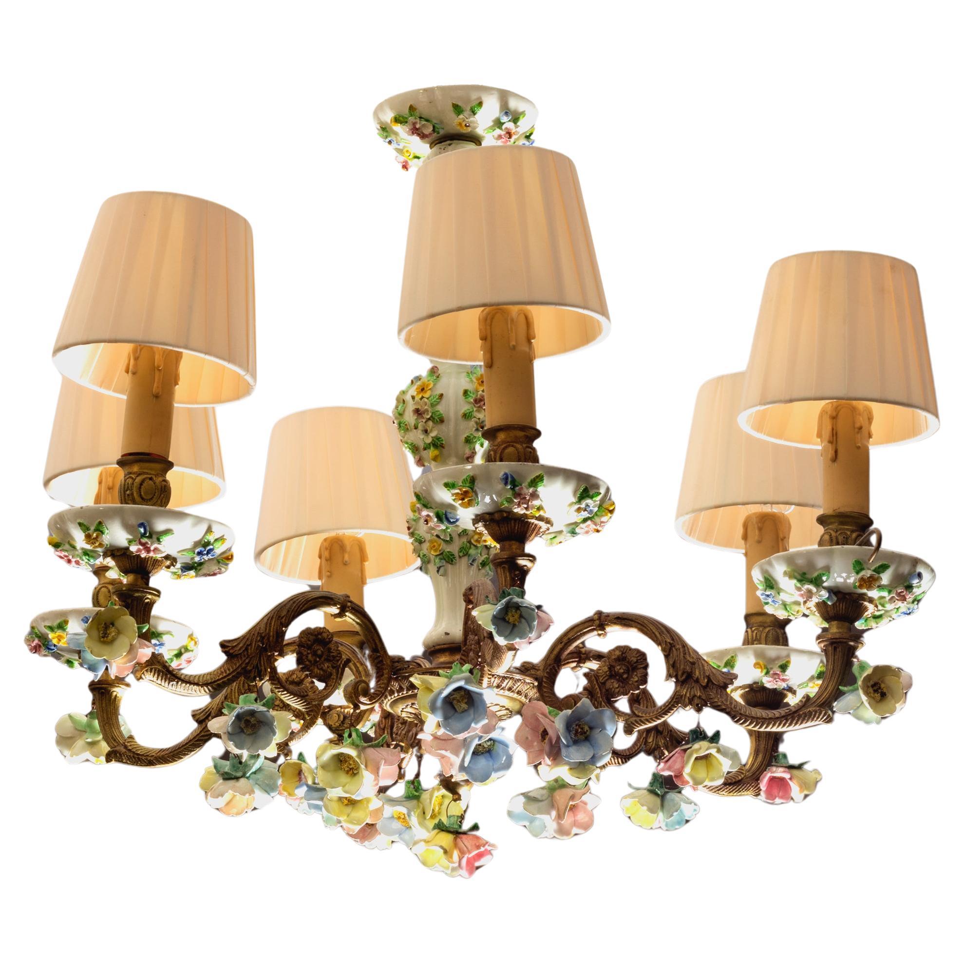 Meissen Porcelain and Bronze Chandelier, Early 20th Century For Sale
