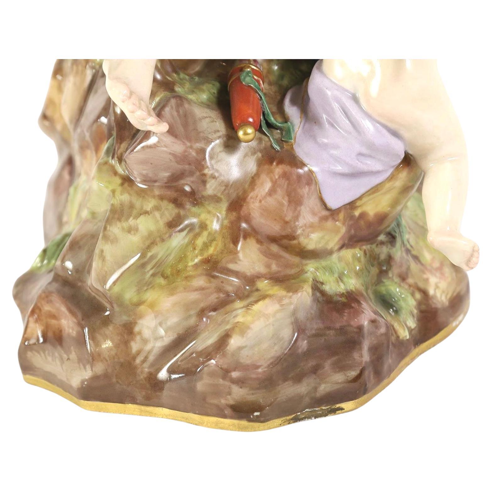 Superb example of 19th Century Meissen Porcelain. Bacchus and Attendants Figural Group modeled by Ernst August Leuteritz. The porcelain group depicts a youthful Bacchus, leopard skin draped across his lap, with a glass of wine raised above his head
