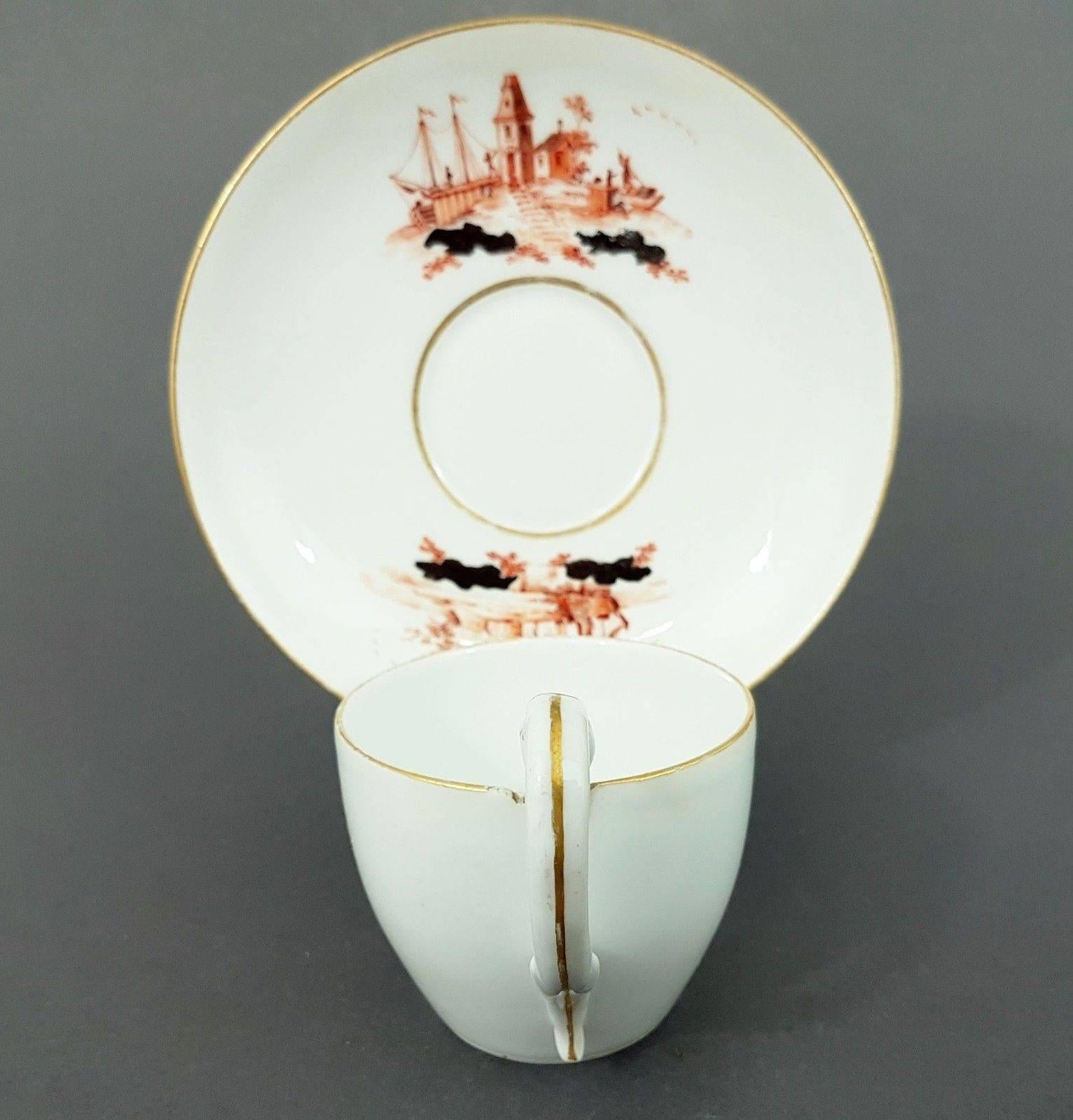 19th century Meissen Porcelain Biedermeier cup and saucer with swan handle, circa 1820
Landscape scene.
Cup diameter 6.9 cm, height 7.3 cm (measured with handle)
Saucer diameter 14 cm.