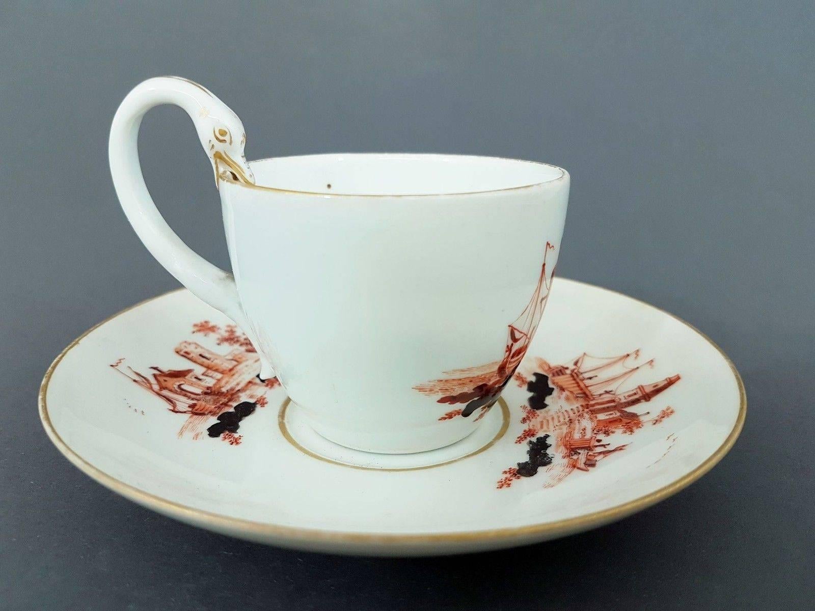 German Meissen Porcelain Biedermeier Cup and Saucer with Swan Handle, circa 1820 For Sale