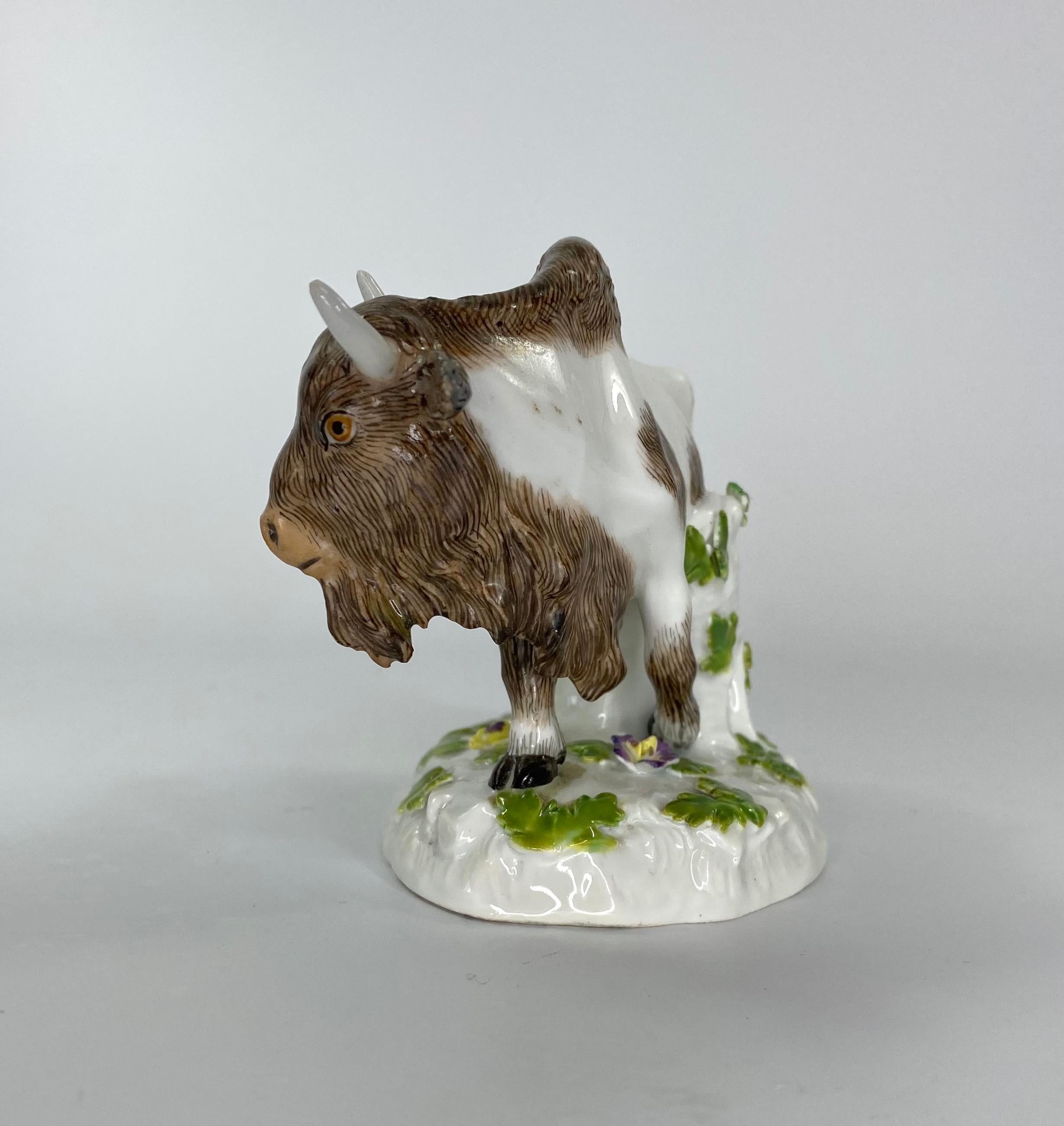 Meissen porcelain Bison, c. 1890.

£790.00
Meissen porcelain figure of a bison, c. 1890. Modelled after the 18th Century original, by Kaendler or Reinicke, the beast striding across an flower strewn oval base.
Underglaze blue Crossed swords