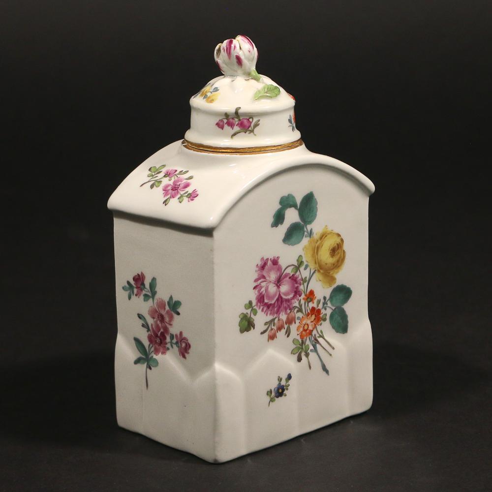 Meissen Porcelain botanical tea caddy or tea canister,
circa 1760
   

The tea canister of arched rectangular form with a domed cover with flower finial. The lower section of the body with unusual molded
fencing. Each side well painted with