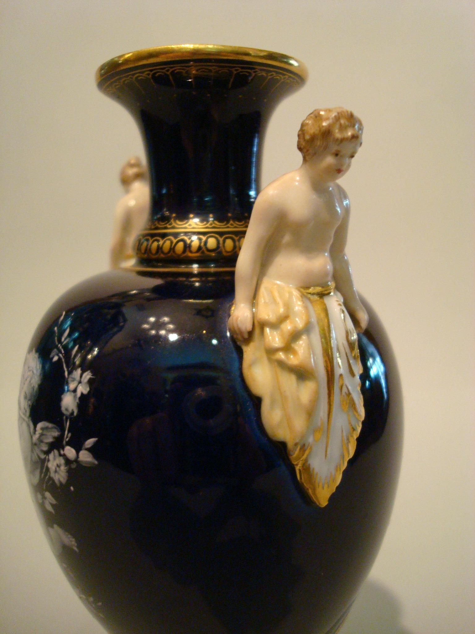 German Meissen Porcelain Cobalt-Blue Limoges Enameled Porcelain Ground Vase