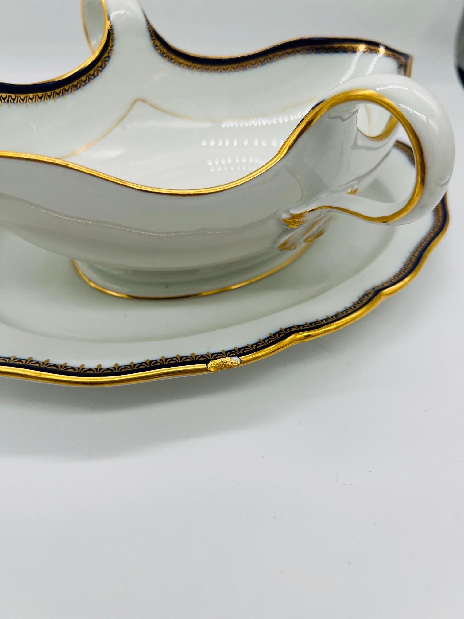 Meissen Porcelain Cobalt & Gold Rim Decorated Sauce Boat with attached under plate. Marked to underside. Please note I have another listing for a matching soup tureen.