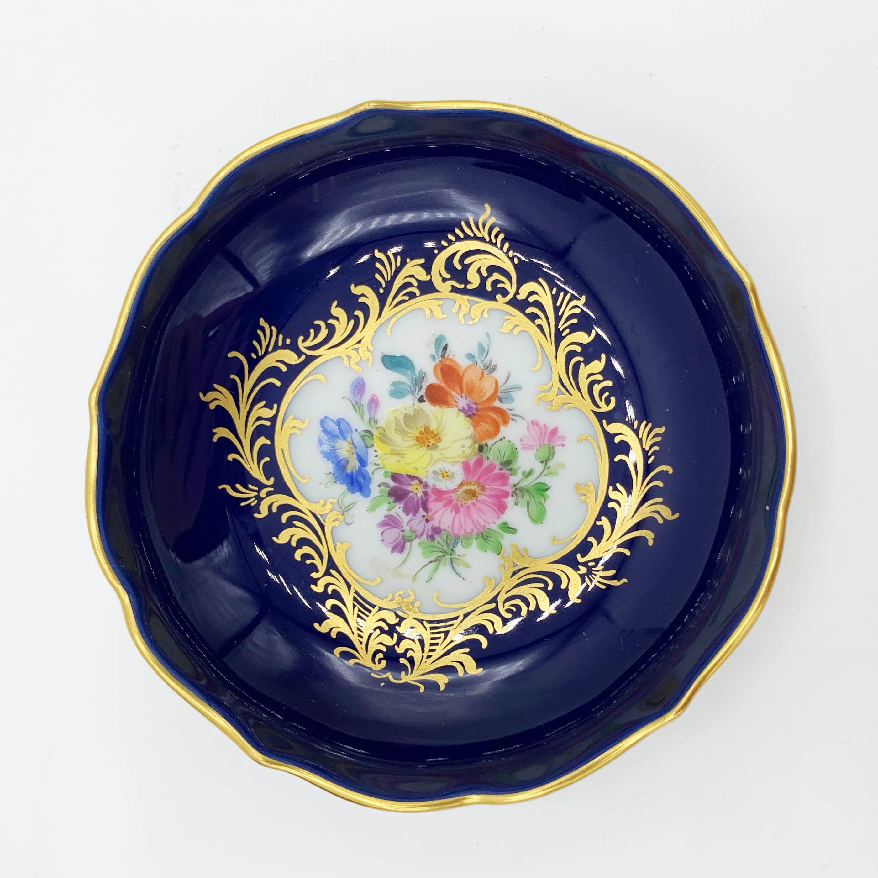 German Meissen Porcelain Collecting Cup Cobalt Blue & Flower Painting Gold Decoratio For Sale