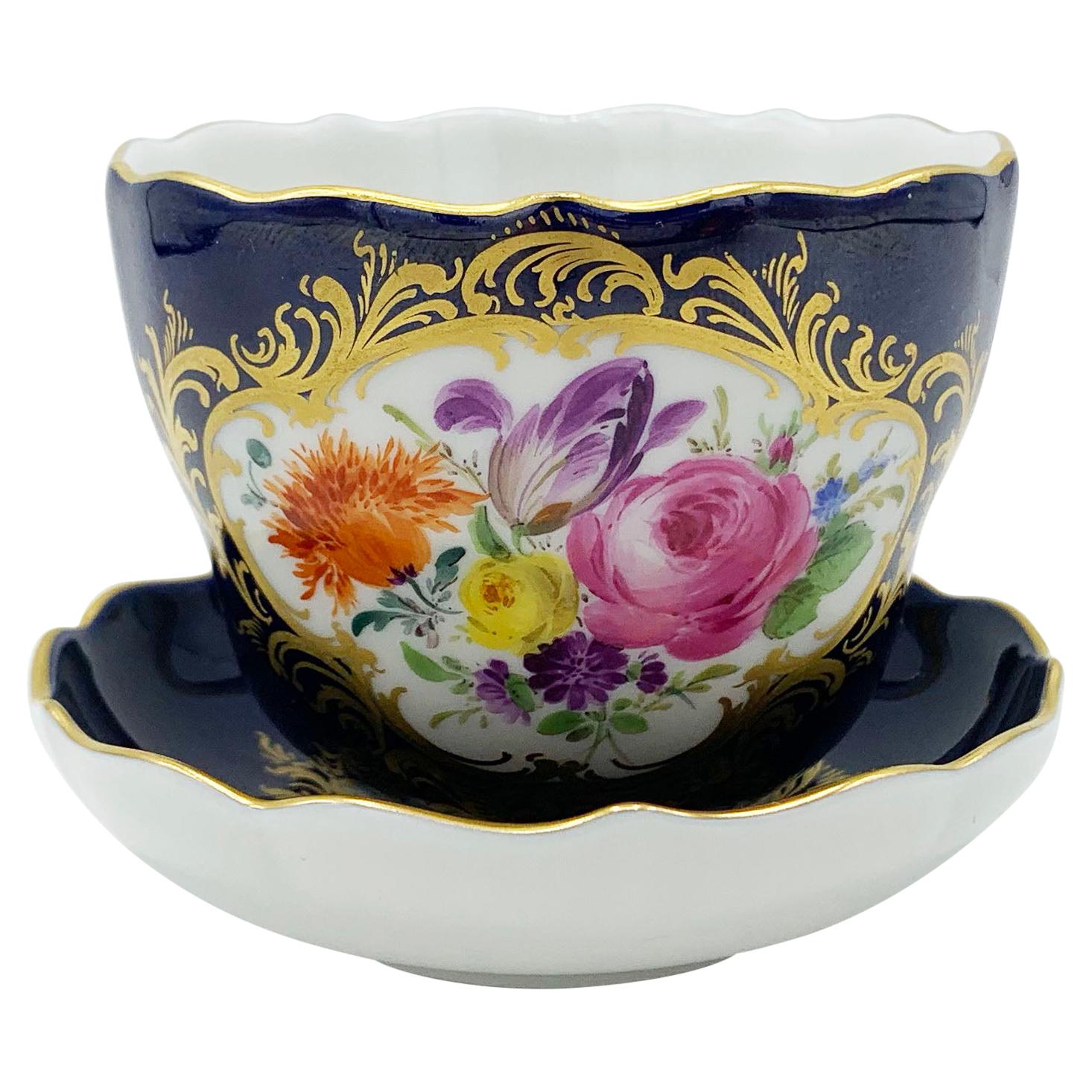 Meissen Porcelain Collecting Cup Cobalt Blue & Flower Painting Gold Decoratio For Sale
