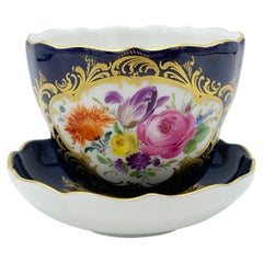 Vintage Meissen Porcelain Collecting Cup Cobalt Blue & Flower Painting Gold Decoratio